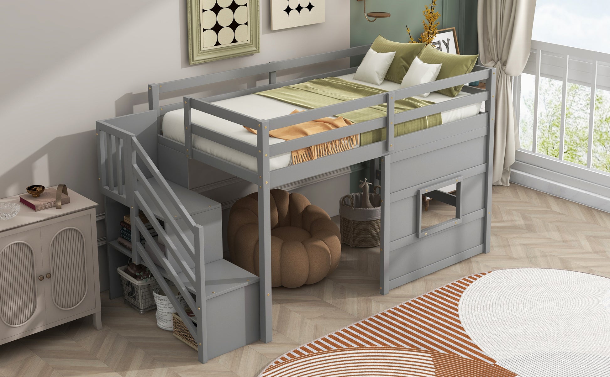 Twin Size Loft Bed With Storage Staircase And Window, Gray Box Spring