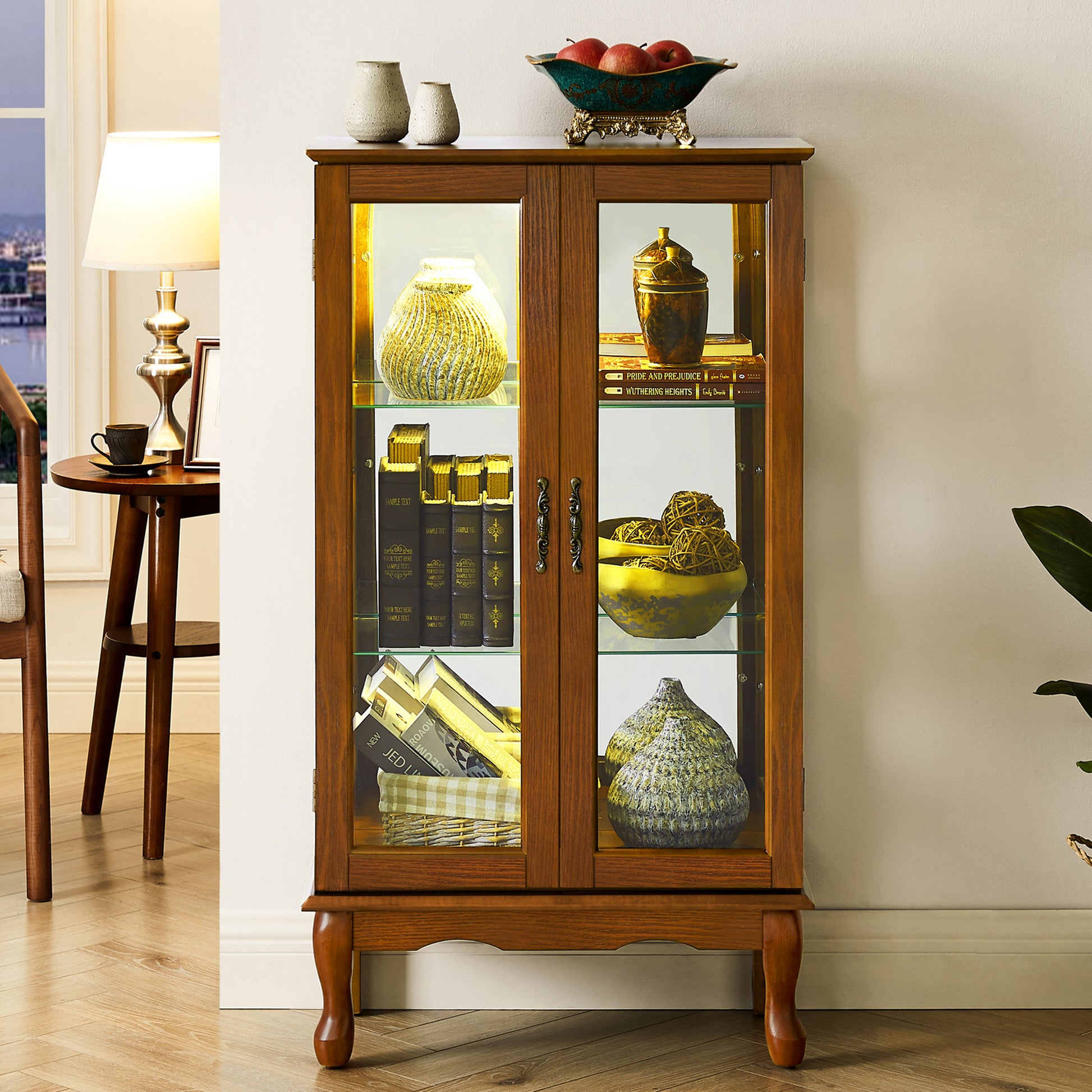 Curio Cabinet Lighted Curio Diapaly Cabinet With Adjustable Shelves And Mirrored Back Panel, Tempered Glass Doors Oak, 3 Tier , E26 Light Bulb Not Included Oak Mdf