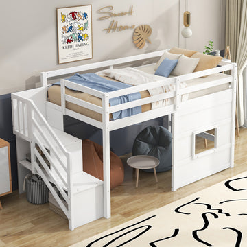 Twin Size Loft Bed With Storage Staircase And Window, White Box Spring Not Required Twin White Wood Bedroom Solid Wood Mdf