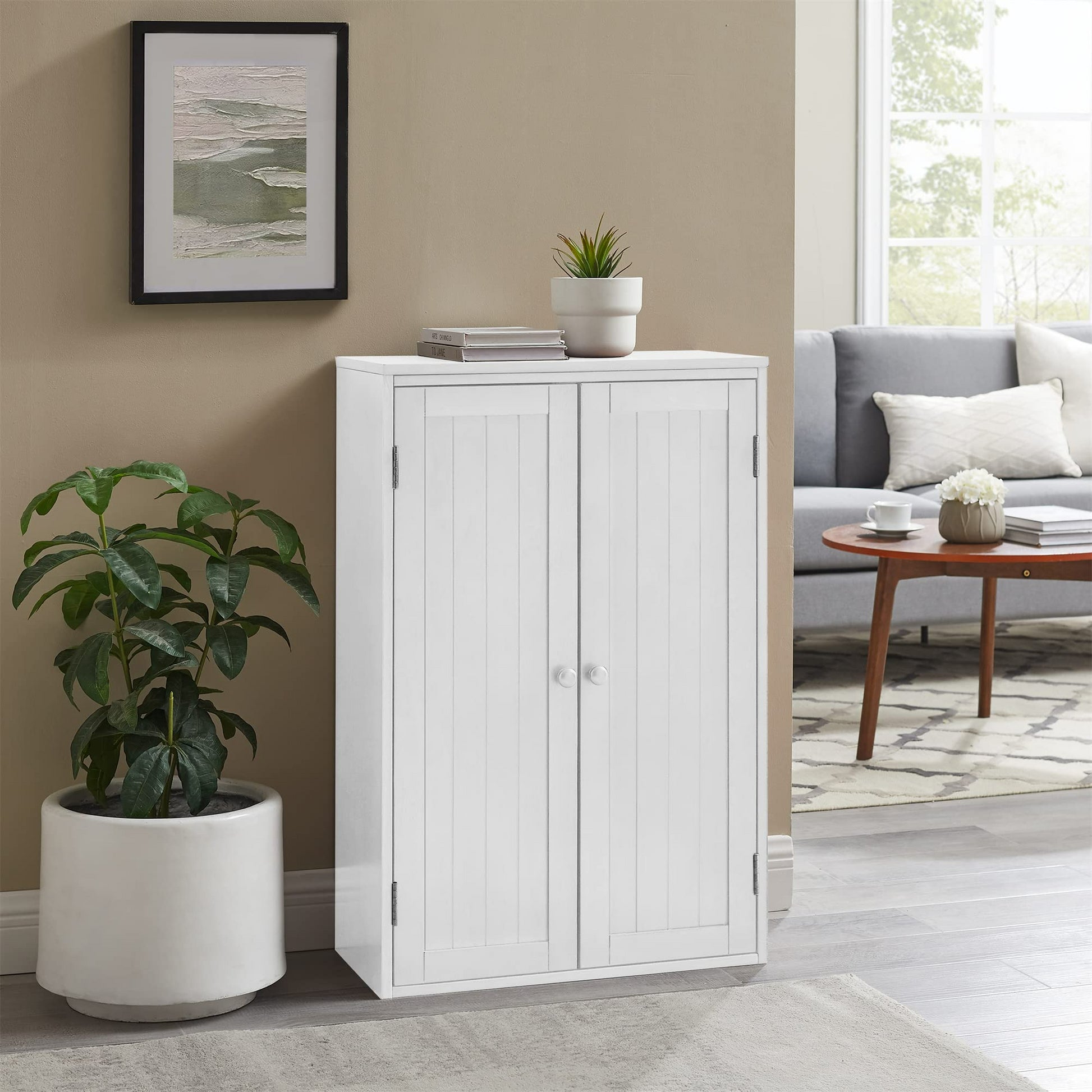 Bathroom Storage Cabinet Freestanding Wooden Floor Cabinet With Adjustable Shelf And Double Door White White Mdf