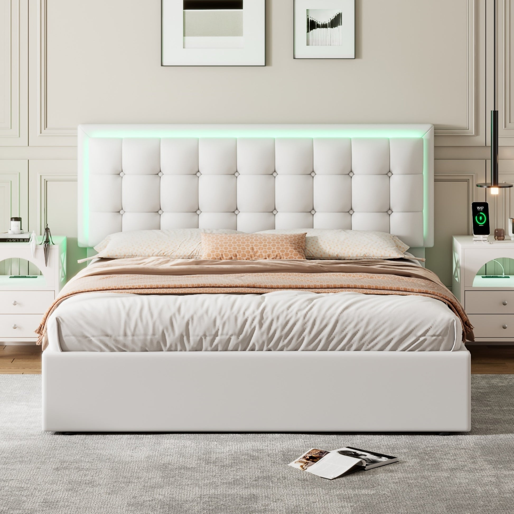 Queen Size Tufted Upholstered Platform Bed With Hydraulic Storage System,Pu Storage Bed With Led Lights,White White Pu