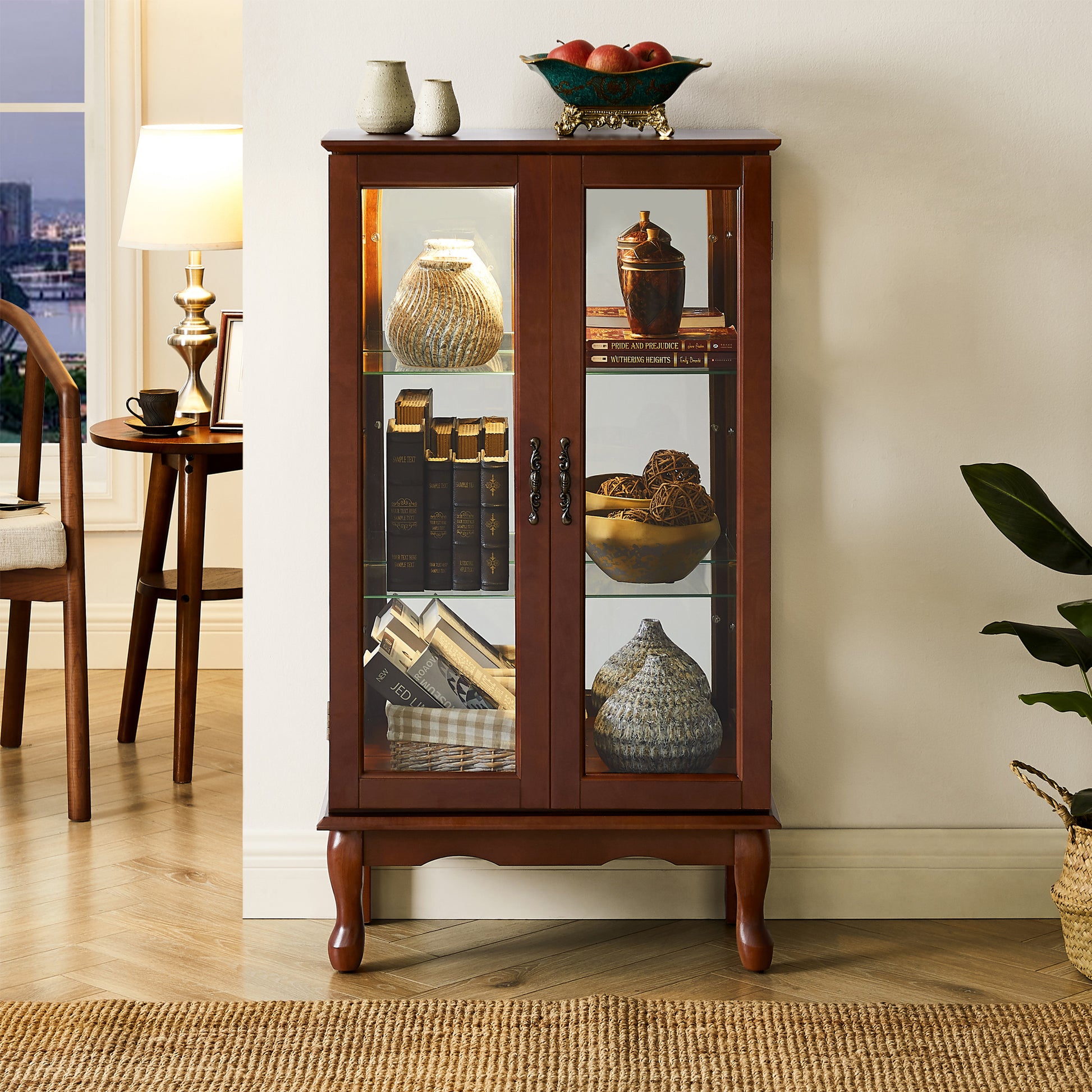 Curio Cabinet Lighted Curio Diapaly Cabinet With Adjustable Shelves And Mirrored Back Panel, Tempered Glass Doors Walnut, 3 Tier , E26 Light Bulb Not Included Walnut Mdf