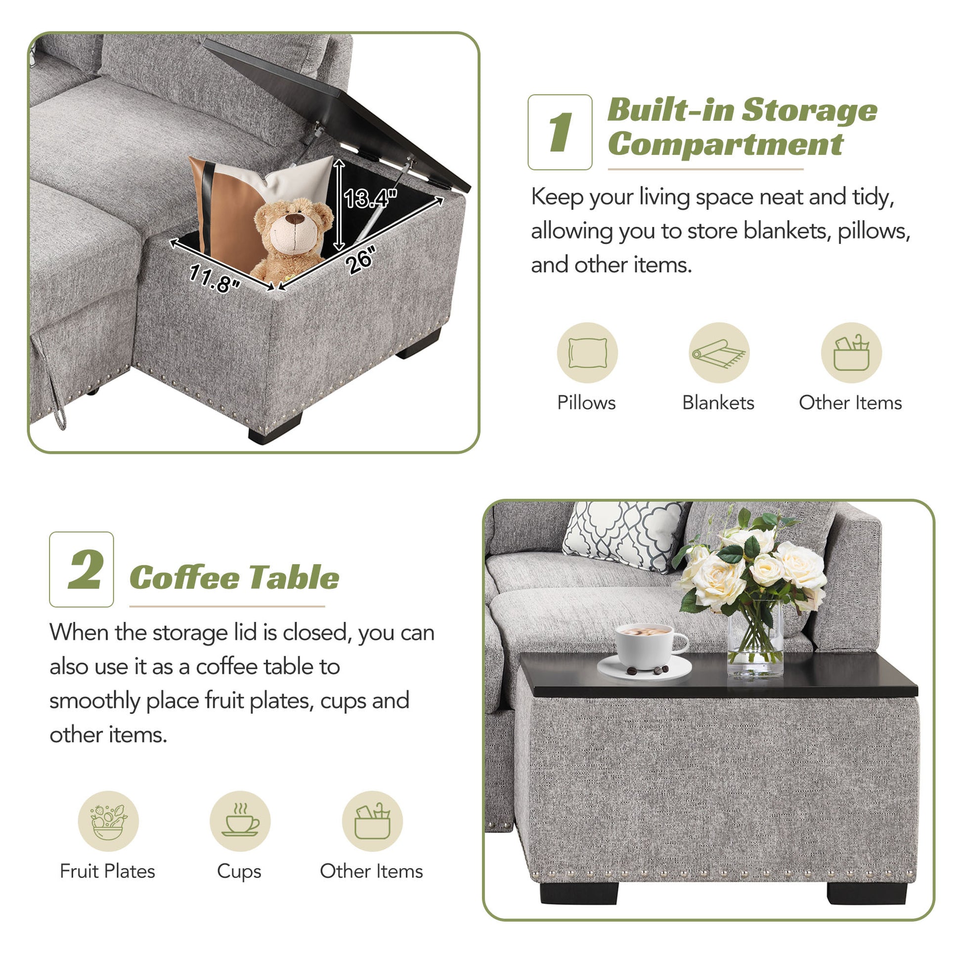 83.8" Sectional Pull Out Sofa Bed L Shaped Corner Sofa Couch With Storage Chaise, Usb Ports, Power Sockets, Cup Holder For Living Room, Bedroom, Study, Light Gray Light Grey Foam Chenille