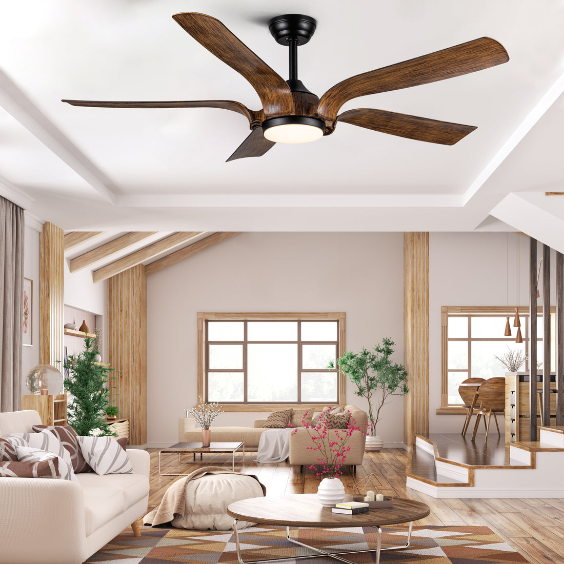 Smart 56" Integrated Led Ceiling Fan With Antique Brown Blades In Matte Black Fan Body Finish Antique Brown Abs