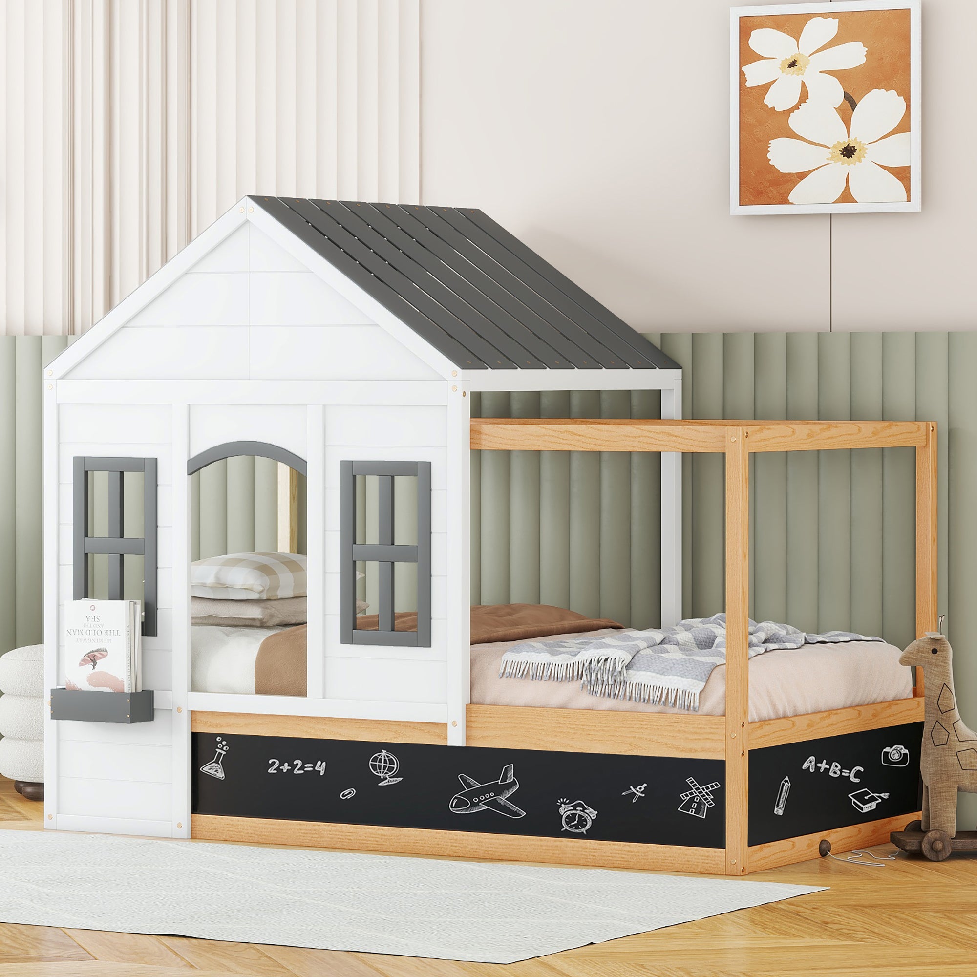 Twin Size House Shaped Canopy Bed with Black Roof and box spring not required-twin-white-wood-pine