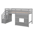 Twin Size Loft Bed With Storage Staircase And Window, Gray Box Spring Not Required Twin Gray Wood Bedroom Solid Wood Mdf