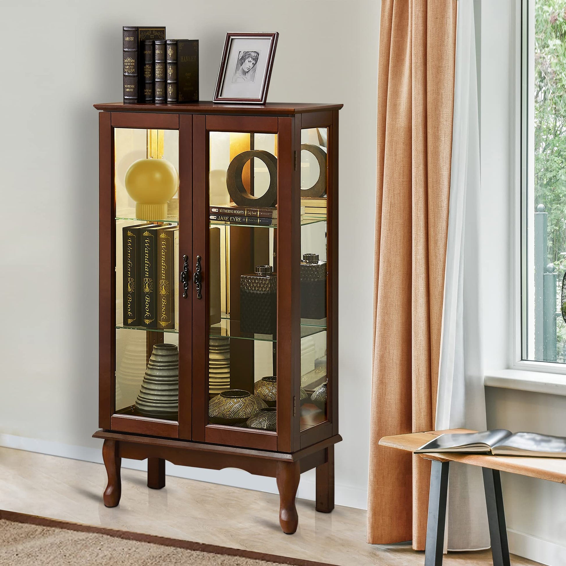 Curio Cabinet Lighted Curio Diapaly Cabinet With Adjustable Shelves And Mirrored Back Panel, Tempered Glass Doors Walnut, 3 Tier , E26 Light Bulb Not Included Walnut Mdf