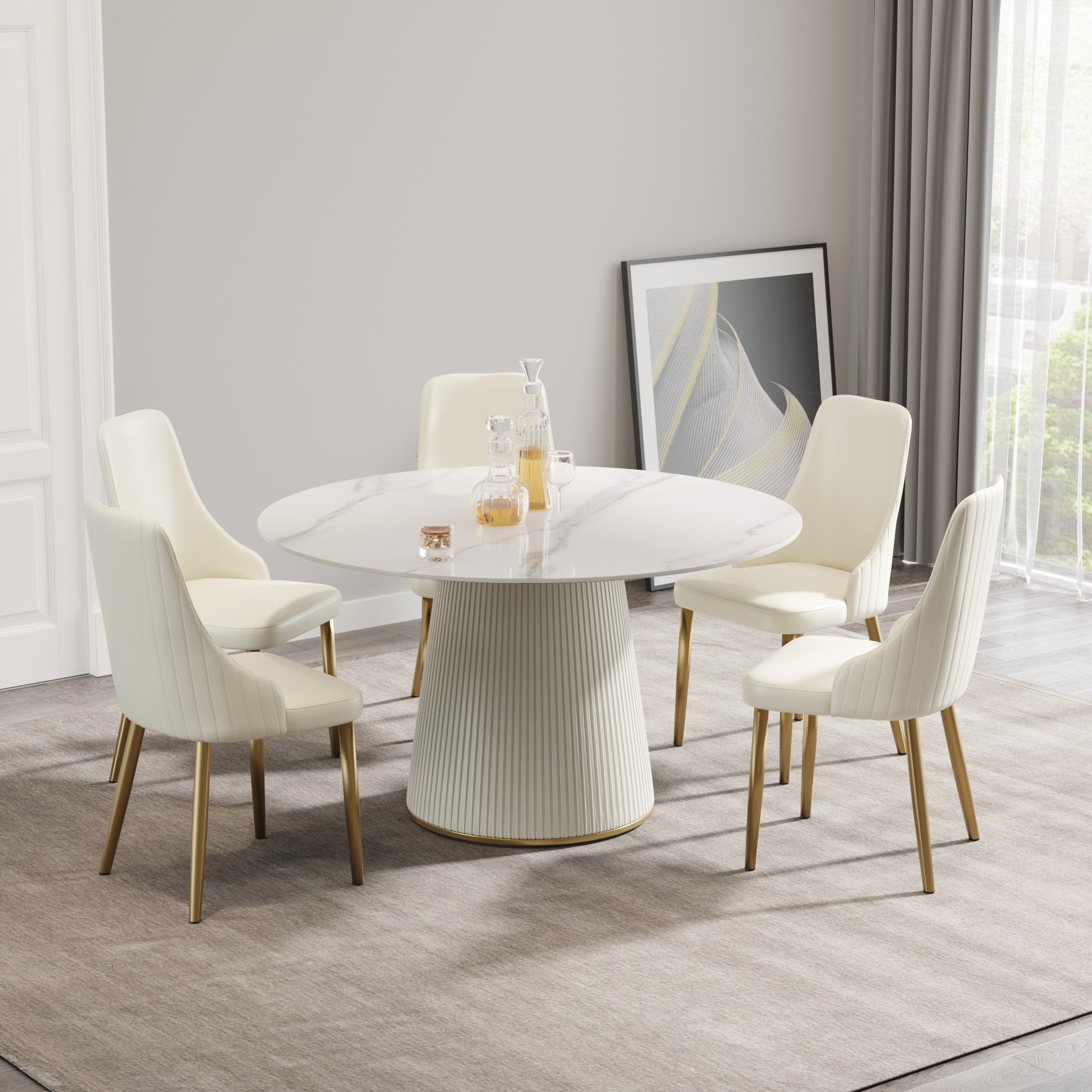 53.15 "Modern White Artificial Stone Round Beige Plywood Pu Base Dining Table Can Accommodate 6 People. Not Including Chairs. White Dining Room Plywood Sintered Stone