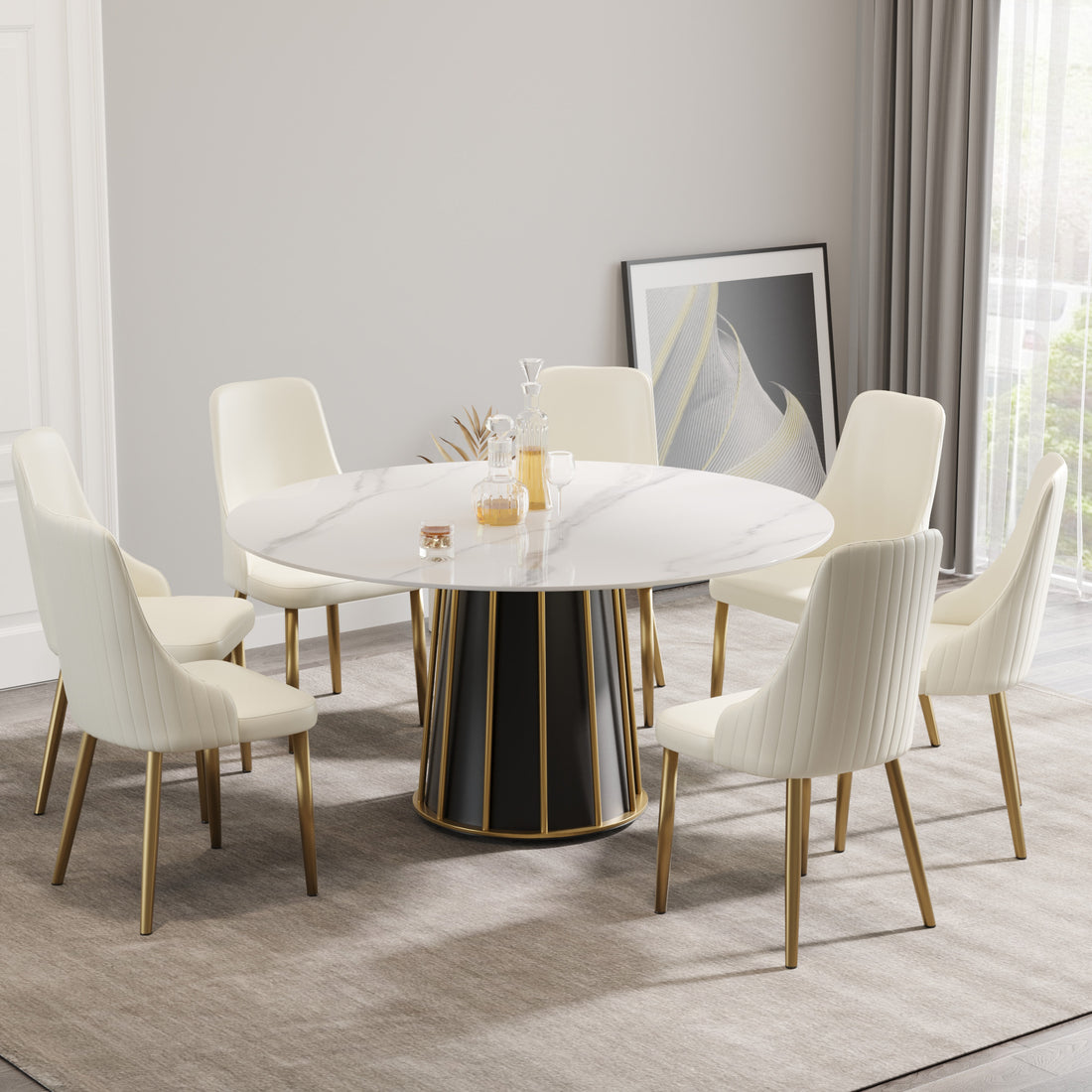 59.05"Modern Artificial Stone Round White Panel Metal Iron Base Dining Table Can Accommodate 8 People. Not Including Chairs White Dining Room Metal Sintered Stone