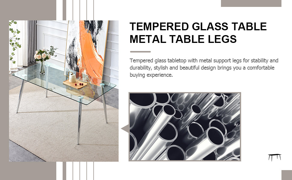 Modern Minimalist Rectangular Glass Dining Table, 0.4 Inch Thick Transparent Tempered Glass Tabletop And Silver Metal Legs, Suitable For Kitchens, Restaurants, And Living Rooms 63"*35.4"*30" Transparent Glass