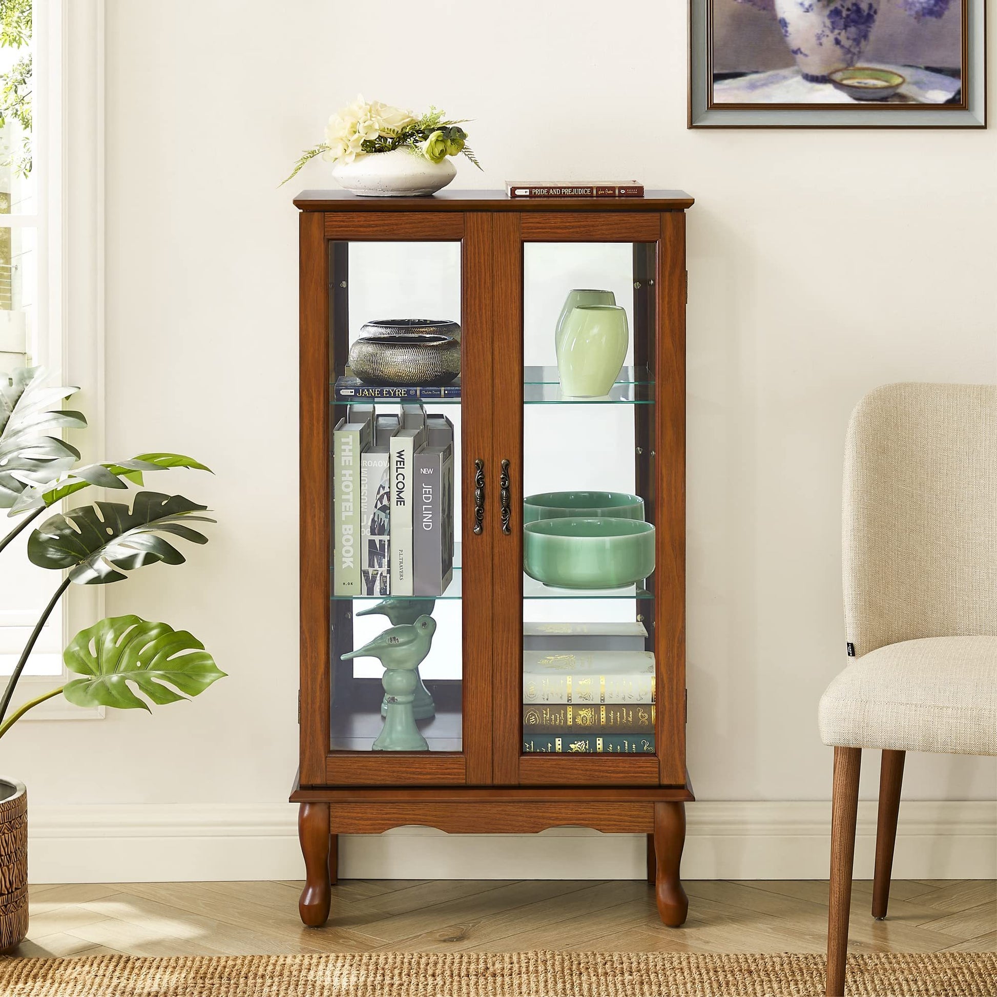 Curio Cabinet Lighted Curio Diapaly Cabinet With Adjustable Shelves And Mirrored Back Panel, Tempered Glass Doors Oak, 3 Tier , E26 Light Bulb Not Included Oak Mdf