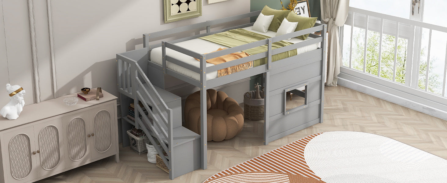 Twin Size Loft Bed With Storage Staircase And Window, Gray Box Spring Not Required Twin Gray Wood Bedroom Solid Wood Mdf