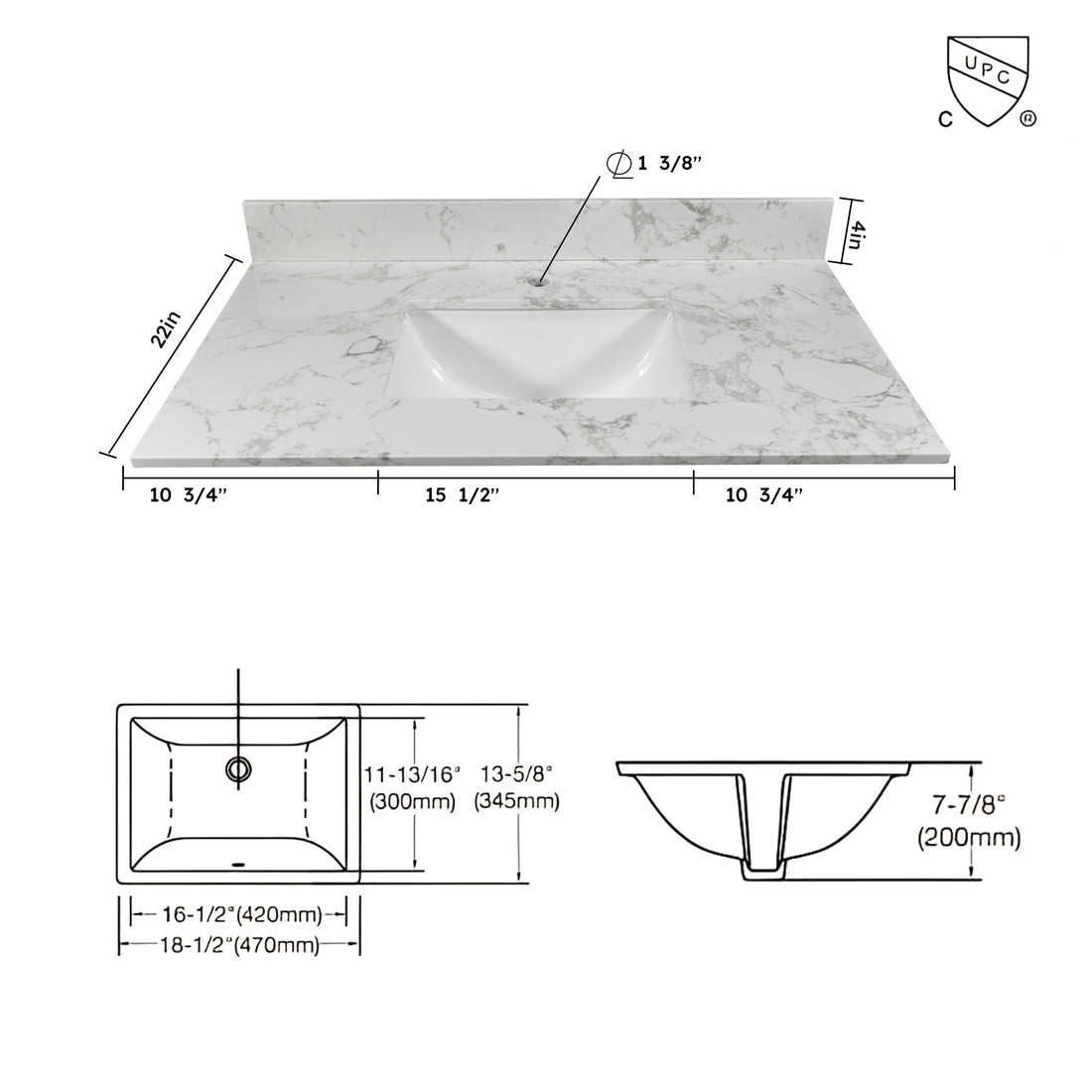 37Inch Bathroom Vanity Top Stone Carrara White Style Tops With Rectangle Undermount Ceramic Sink And Single Faucet Hole Colorful Stone