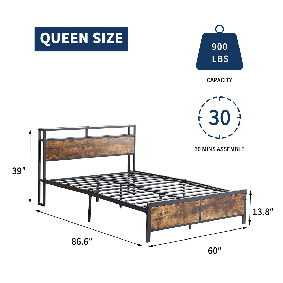Industrial Queen Bed Frame With Led Lights And 2 Usb Ports, Bed Frame Full Size With Storage, Noise Free, No Box Spring Needed, Rustic Brown Rustic Brown Metal
