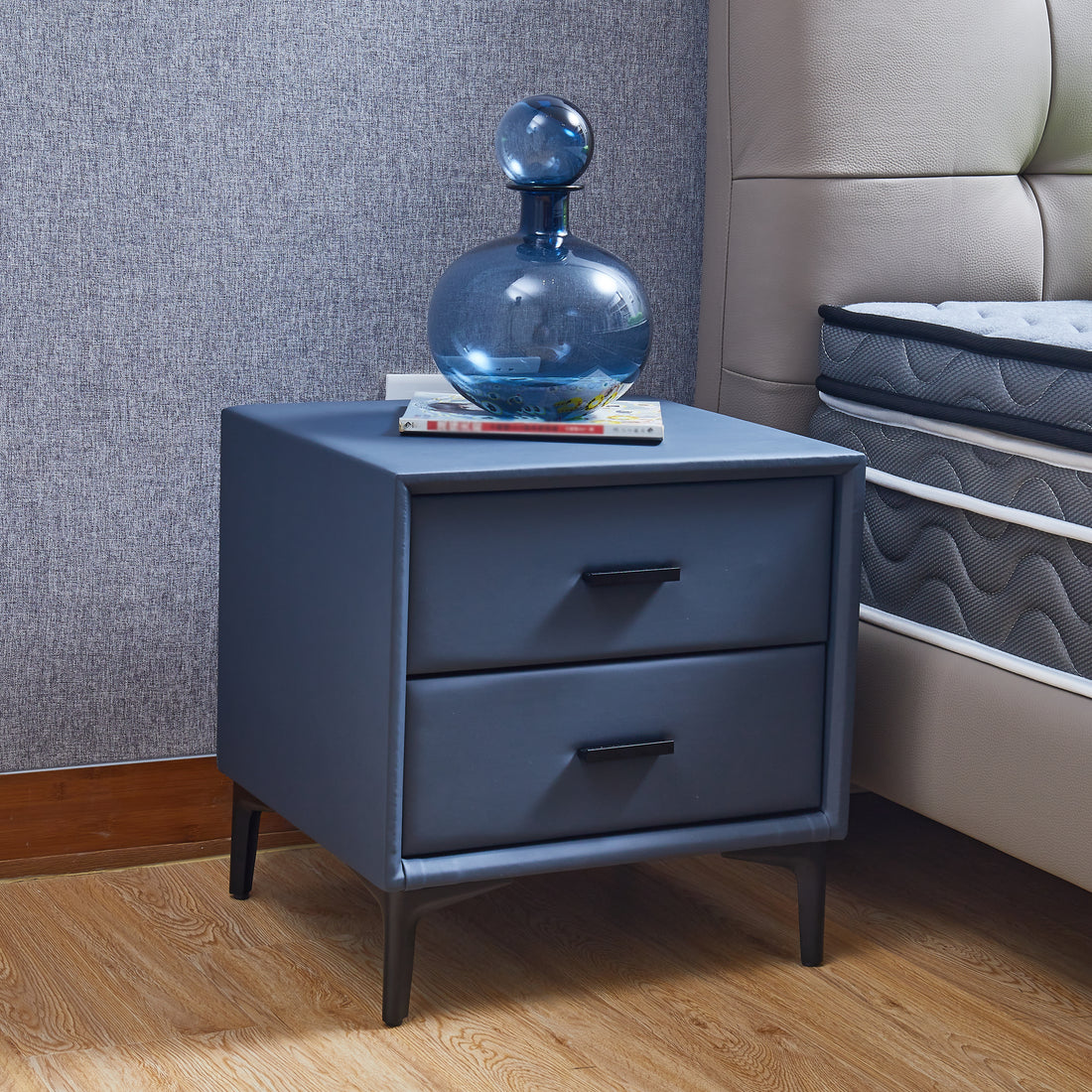 Modern Nightstand With 2 Drawers, Night Stand With Pu Leather And Hardware Legs, End Table, Bedside Cabinet For Living Room Bedroom Blue Gray Blue Gray Pu