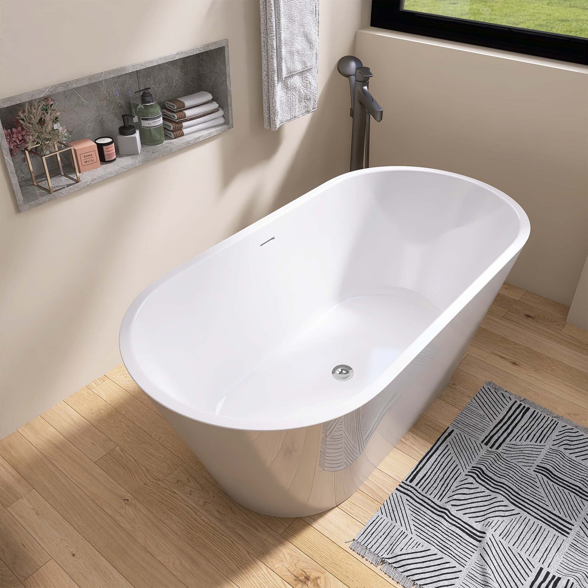 55" Acrylic Free Standing Tub Classic Oval Shape Soaking Tub, Adjustable Freestanding Bathtub With Integrated Slotted Overflow And Chrome Pop Up Drain Anti Clogging Gloss White Gloss White Oval Bathroom Freestanding Tubs Polished Less Than 59 In Modern