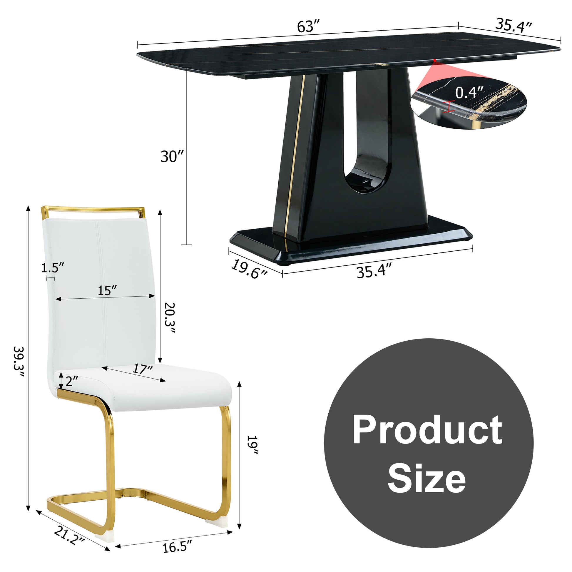 1 Table And 6 Chairs. Modern, Simple And Luxurious Black Imitation Marble Rectangular Dining Table And Desk With 6 White Pu Gold Plated Leg Chairs 63'' X 35.4'' X 30'' White Black Mdf