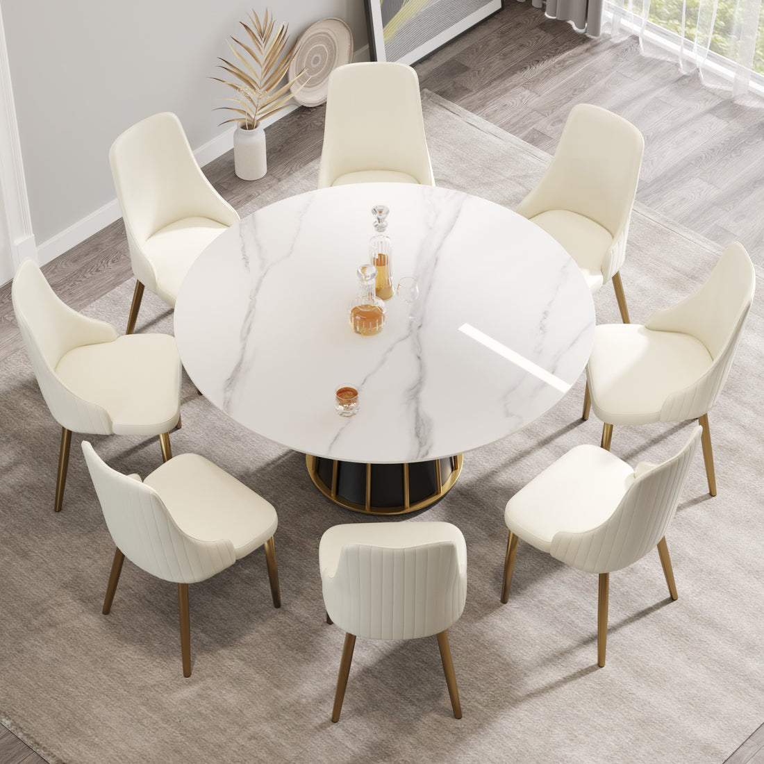 59.05"Modern Artificial Stone Round White Panel Metal Iron Base Dining Table Can Accommodate 8 People. Not Including Chairs White Dining Room Metal Sintered Stone