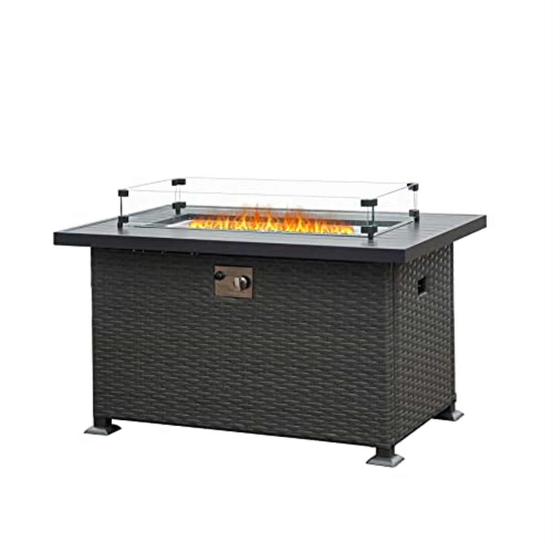 43.3 Inch Fire Pit Table With Glass Wind Guard, 50,000 Btu Smokeless Fire Pits For Outside With Aluminum Tabletop, Outdoor Wicker Gas Fire Pits For Patio Dark Gray Metal