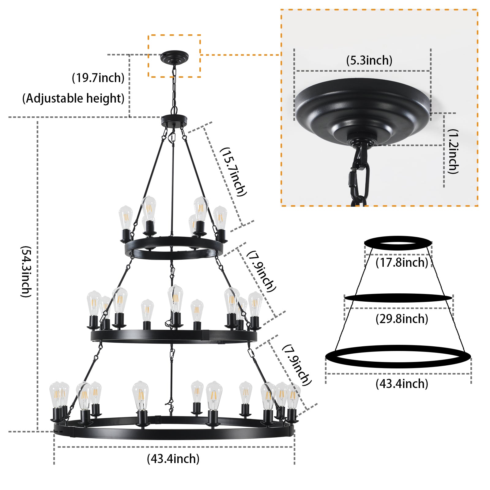 Sku:W1340P206660 27 Light Metal Ring Chandelier Black Black Retro Iron