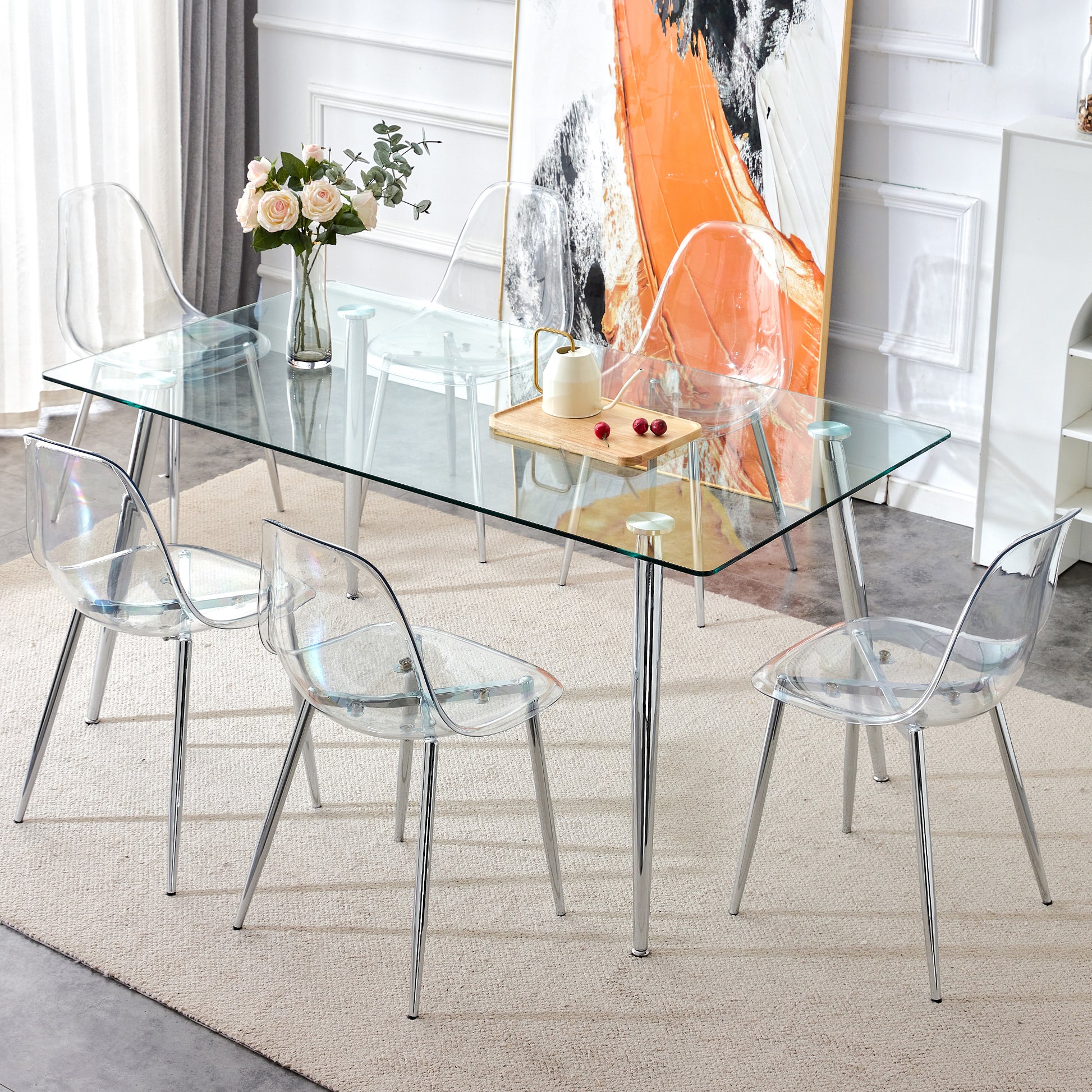 Modern Minimalist Rectangular Glass Dining Table, 0.4 Inch Thick Transparent Tempered Glass Tabletop And Silver Metal Legs, Suitable For Kitchens, Restaurants, And Living Rooms 63"*35.4"*30" Transparent Glass