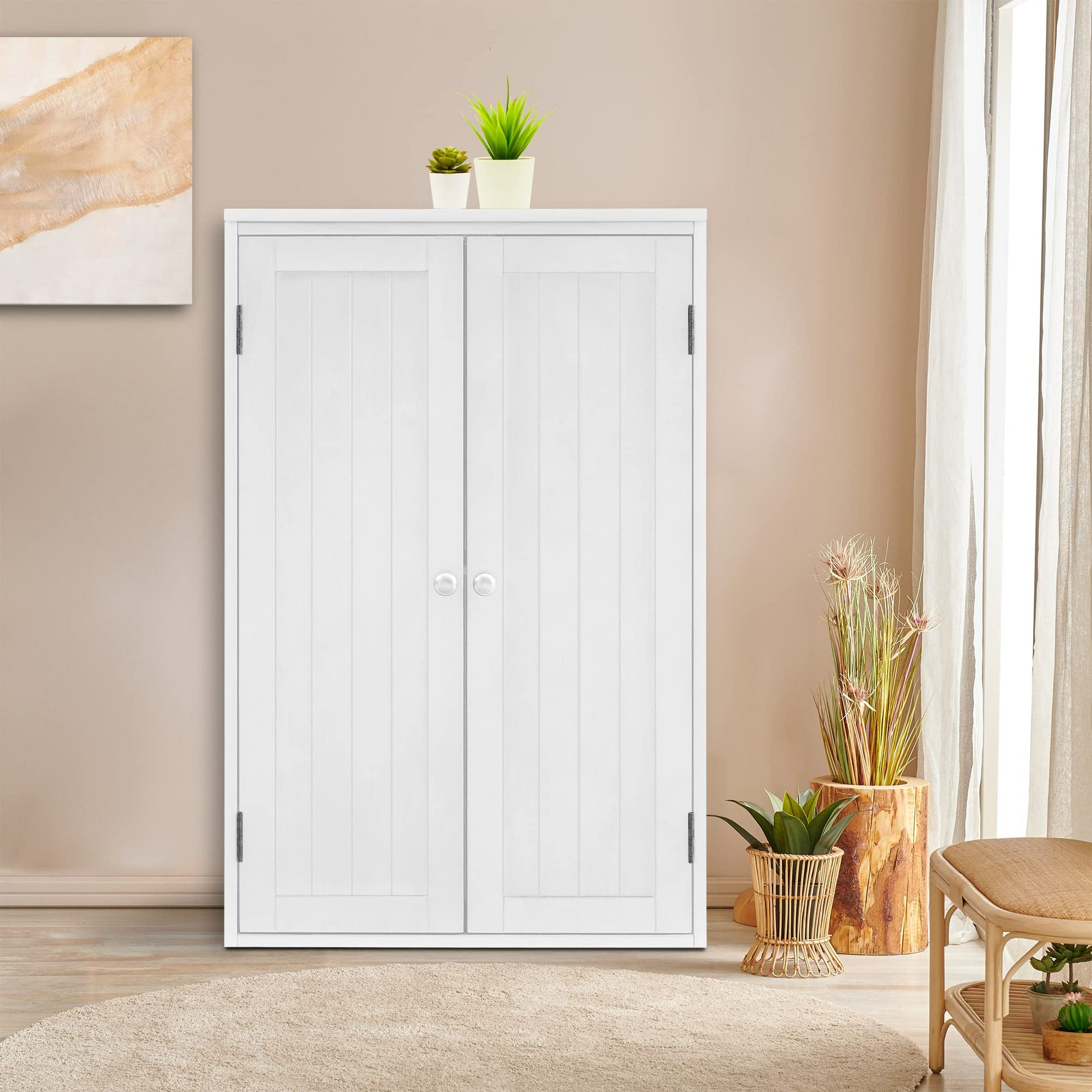 Bathroom Storage Cabinet Freestanding Wooden Floor Cabinet With Adjustable Shelf And Double Door White White Mdf