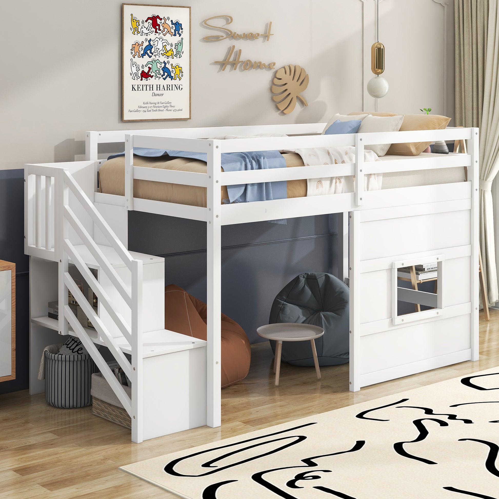 Twin Size Loft Bed With Storage Staircase And Window, White Box Spring Not Required Twin White Wood Bedroom Solid Wood Mdf