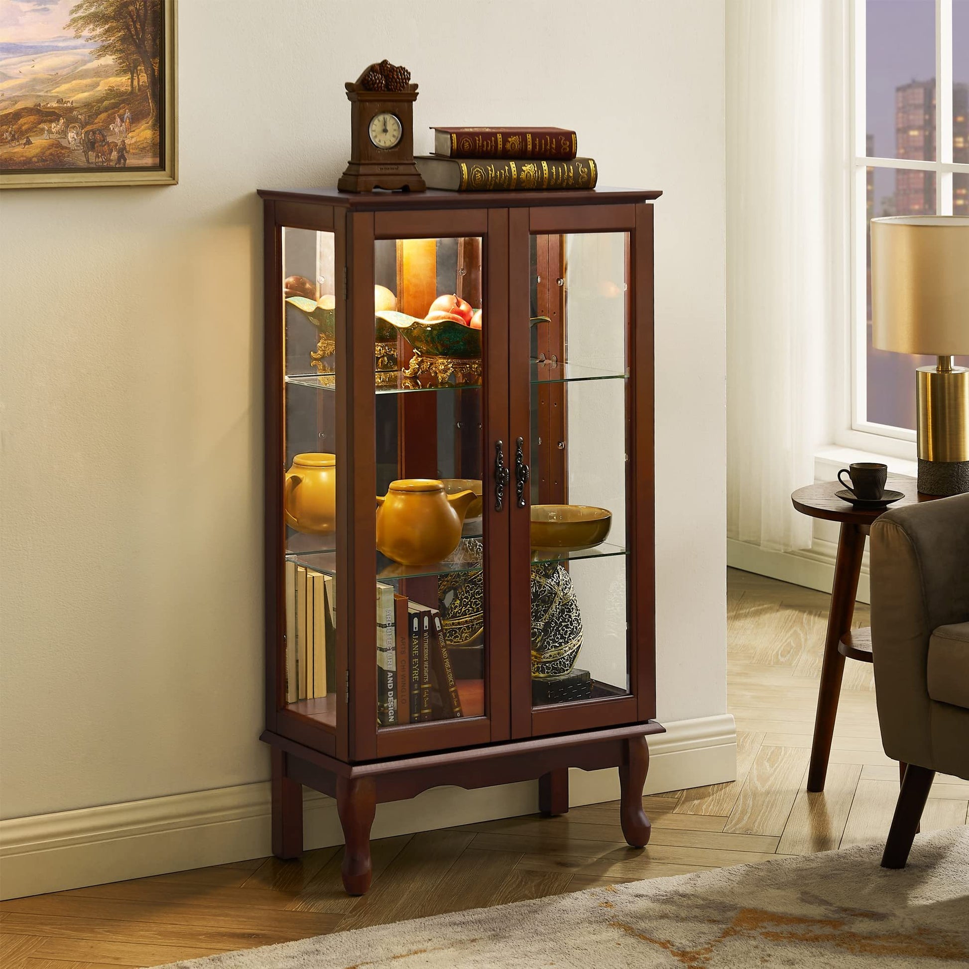 Curio Cabinet Lighted Curio Diapaly Cabinet With Adjustable Shelves And Mirrored Back Panel, Tempered Glass Doors Walnut, 3 Tier , E26 Light Bulb Not Included Walnut Mdf