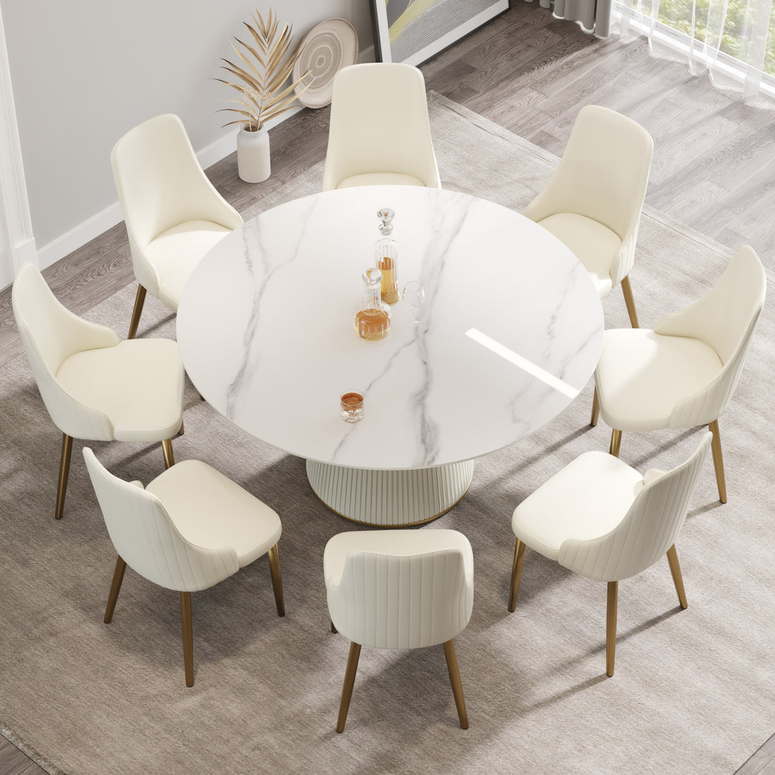 59.05 "Modern White Artificial Stone Round Beige Plywood Pu Base Dining Table Can Accommodate 8 People. Not Including Chairs. White Dining Room Plywood Sintered Stone