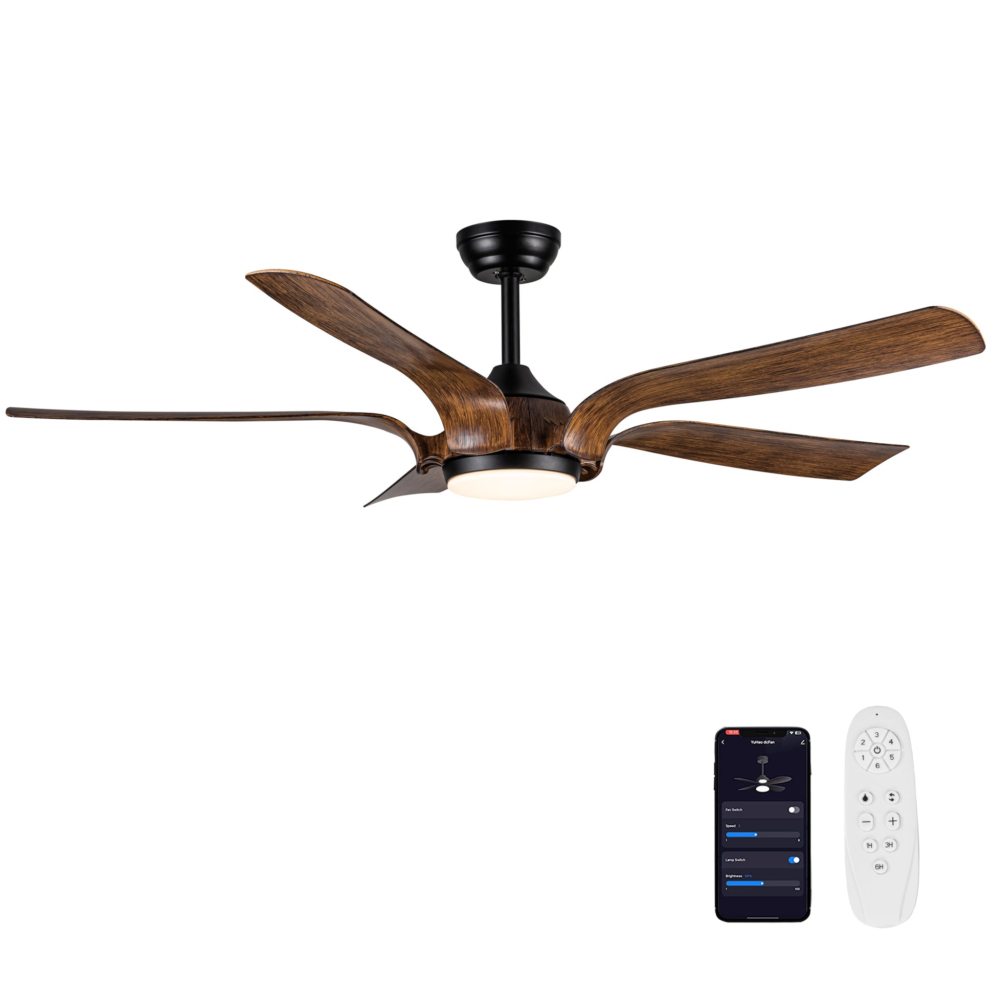 Smart 56" Integrated Led Ceiling Fan With Antique Brown Blades In Matte Black Fan Body Finish Antique Brown Abs