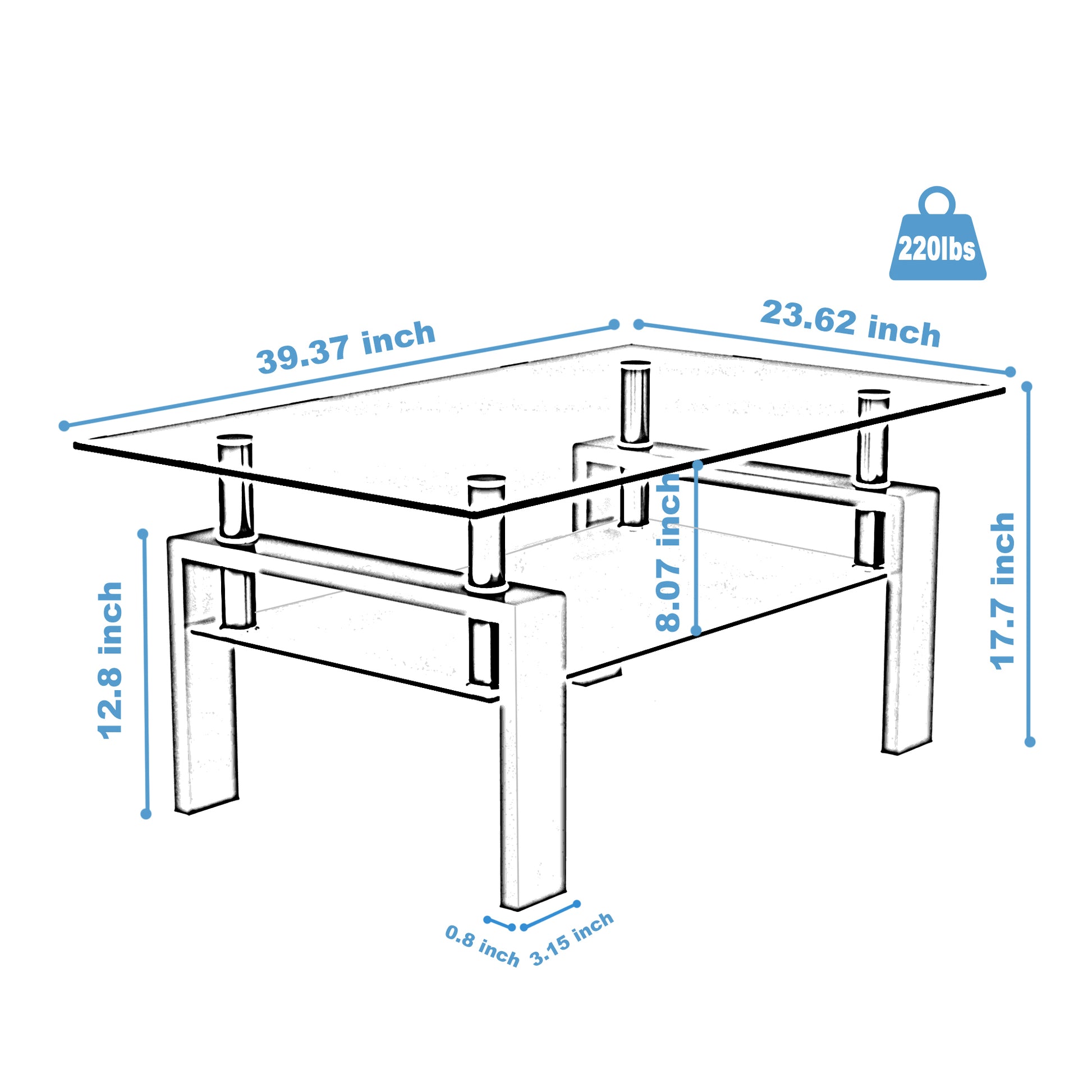 Rectangle Black Glass Coffee Table, Clear Coffee Table,Modern Side Center Tables For Living Room,Living Room Furniture Black Glass