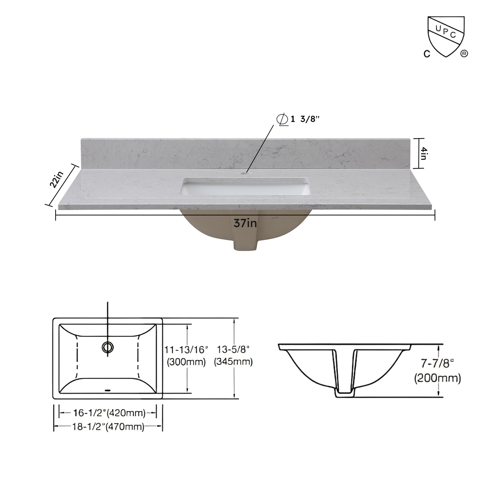 37 Inches Bathroom Stone Vanity Top Calacatta Gray Engineered Marble Color With Undermount Ceramic Sink And Single Faucet Hole With Backsplash Gray Stone