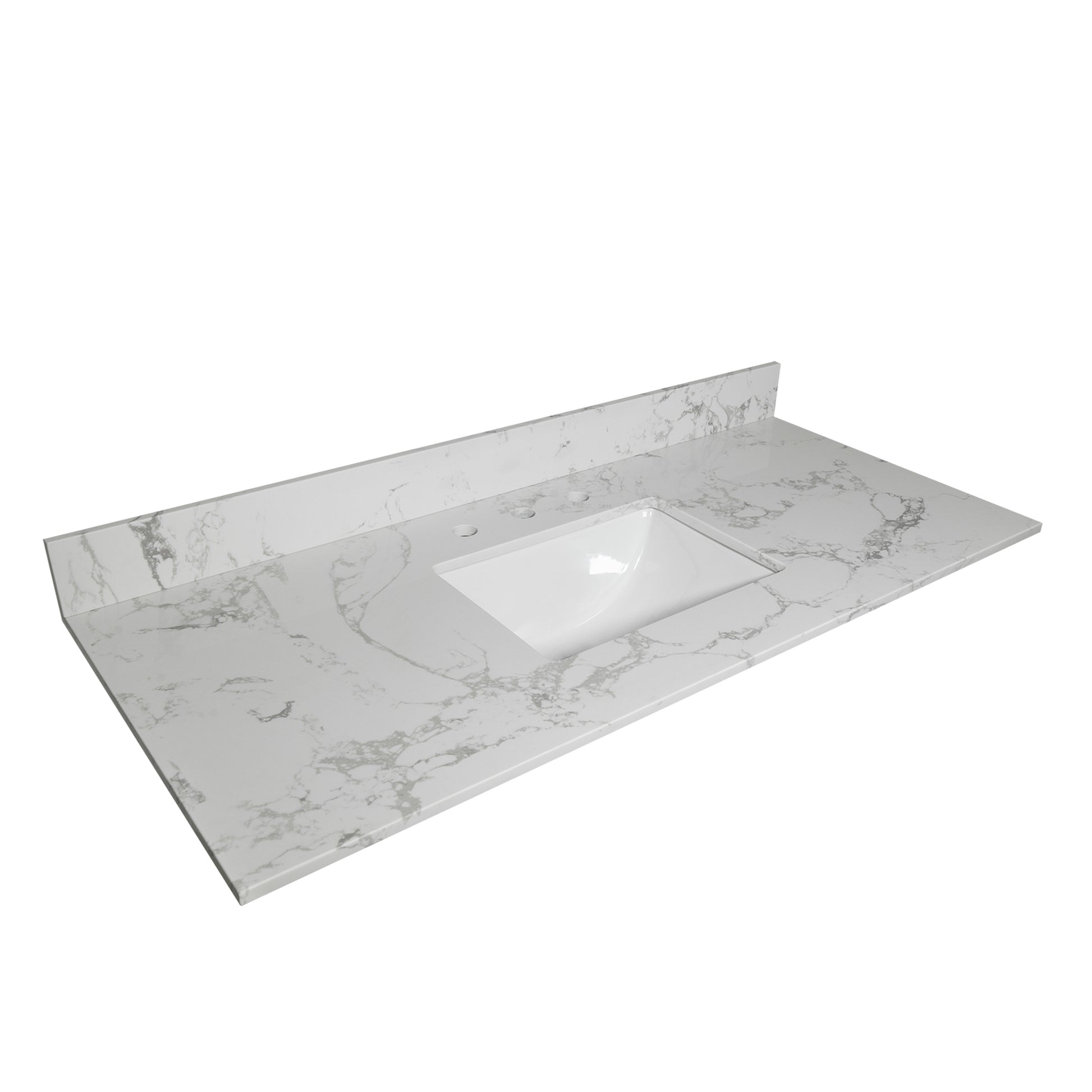 43X22 Bathroom Stone Vanity Top Engineered Stone Carrara White Marble Color With Rectangle Undermount Ceramic Sink And 3 Faucet Hole With Back Splash . Gray Stone