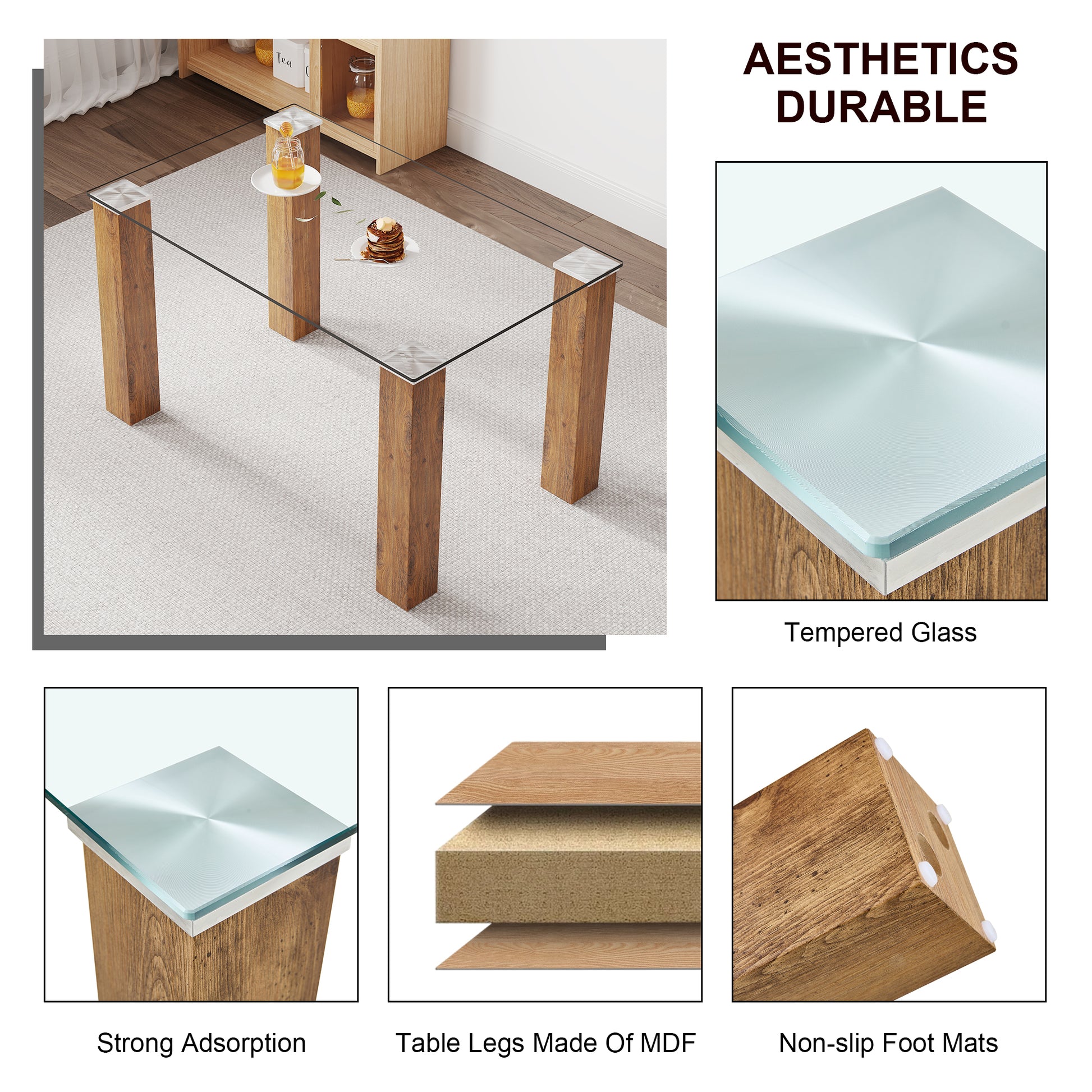 Table And Chair Set, 1 Table And 4 Chairs. A Modern And Minimalist Rectangular Dining Table. Glass Desktop And Wood Colar Mdf Table Legs. Paired With Brown Chairs X05 C 1162 Natural Wood Wash Mdf Glass