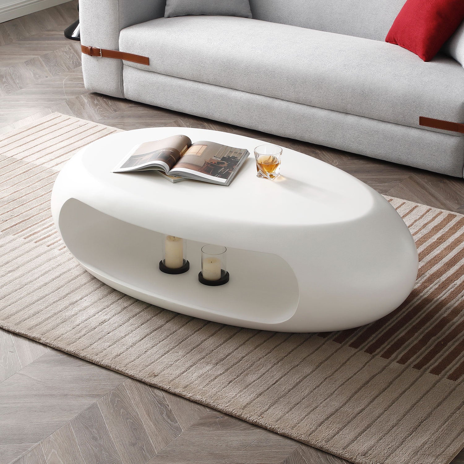 53.93" Oval Coffee Table, Sturdy Fiberglass Table For Living Room, White, No Need Assembly White Fiberglass