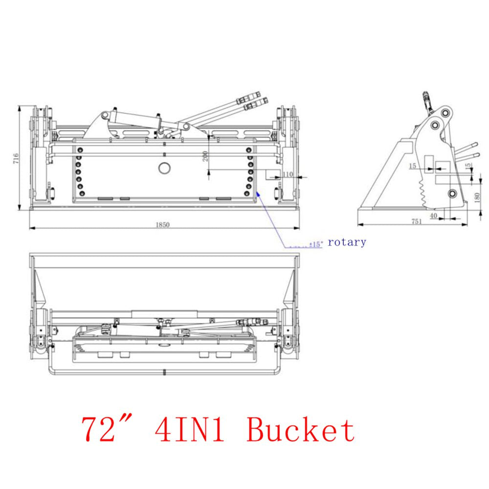 Tilting Skid Steer Attachments 72" 4In1 Combo Bucket With Cutting Edge Quick Attach, Universal Mount Black Steel