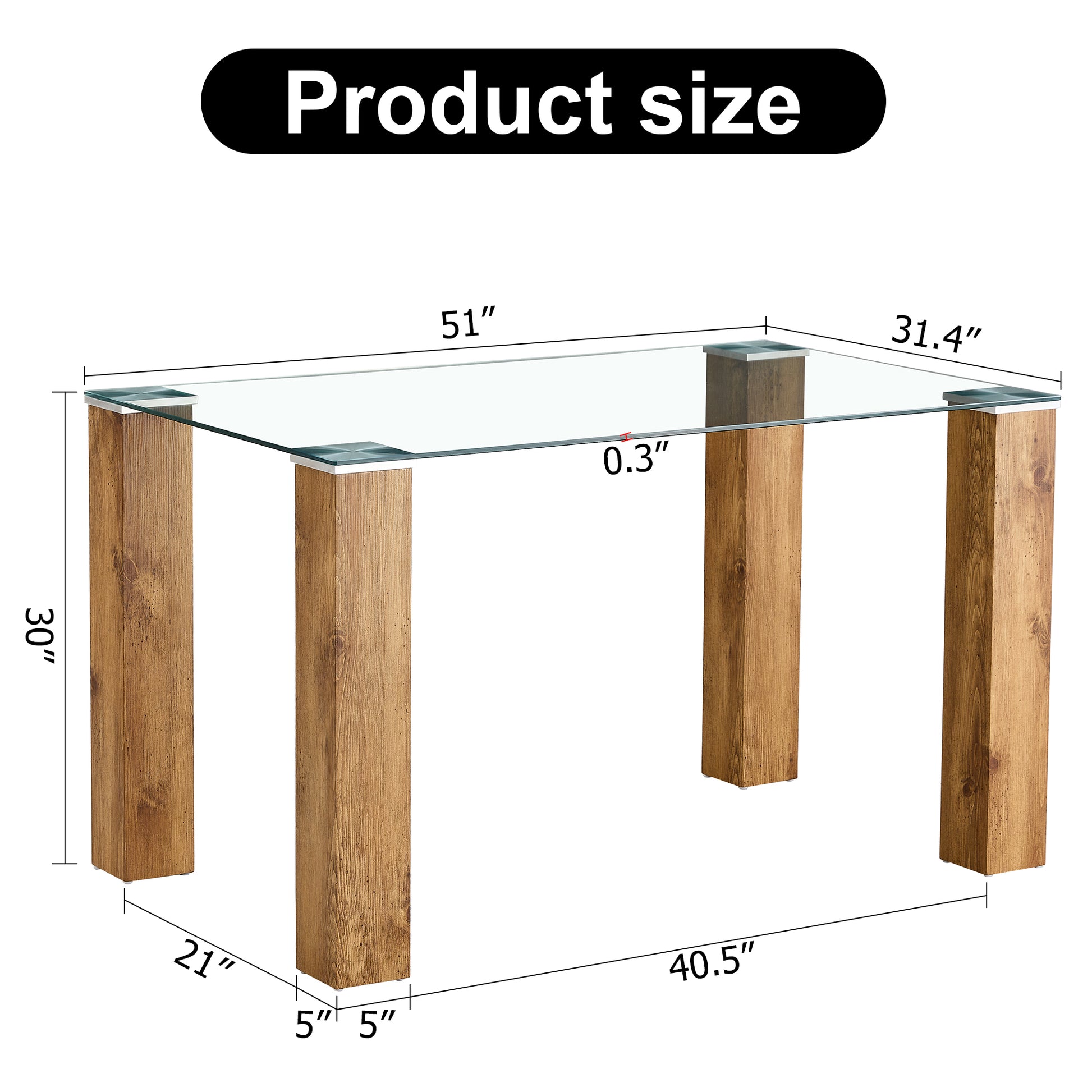 Modern Minimalist Rectangular Dining Table. Glass Desktop And Wooden Mdf Table Legs. Suitable For Restaurants And Living Rooms51"*31.4"*30" Wood Mdf Glass