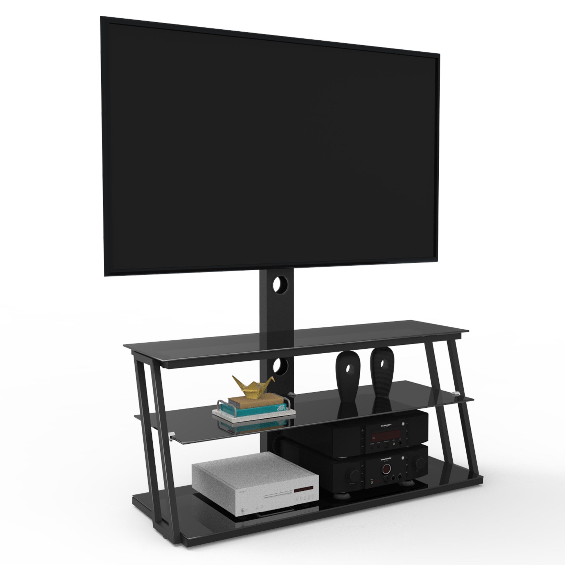 Black Multi Function Angle And Height Adjustable Tempered Glass Tv Stand Black 70 79 Inches Glass