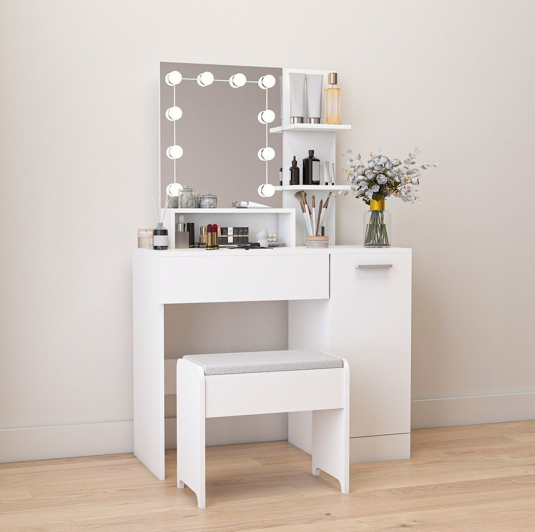 Makeup Vanity Table Set With Drawer And Storage Cabinet, Dressing Table With Vanity Cushioned Stool For Bedroom, Makeup Room White White Vanity Stools Bedroom Rectangular White American Design,American Traditional,Antique,Art Deco,Artsy Padded Seat Wood