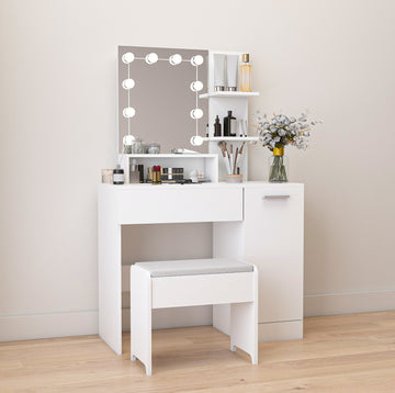 Makeup Vanity Table Set With Drawer And Storage Cabinet, Dressing Table With Vanity Cushioned Stool For Bedroom, Makeup Room White White Vanity Stools Bedroom Rectangular White American Design,American Traditional,Antique,Art Deco,Artsy Padded Seat Wood