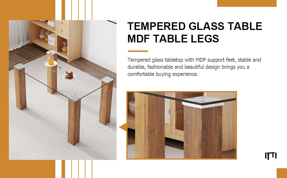 Table And Chair Set, 1 Table And 4 Chairs. A Modern And Minimalist Rectangular Dining Table. Glass Desktop And Wood Colar Mdf Table Legs. Paired With Brown Chairs X05 C 1162 Natural Wood Wash Mdf Glass