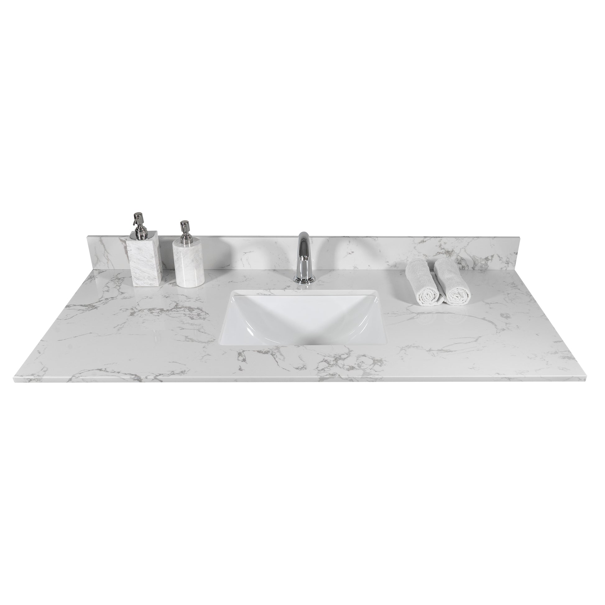 43X22 Inch Bathroom Stone Vanity Top Engineered Stone Carrara White Marble Color With Rectangle Undermount Ceramic Sink And Single Faucet Hole With Back Splash . Grey Stone