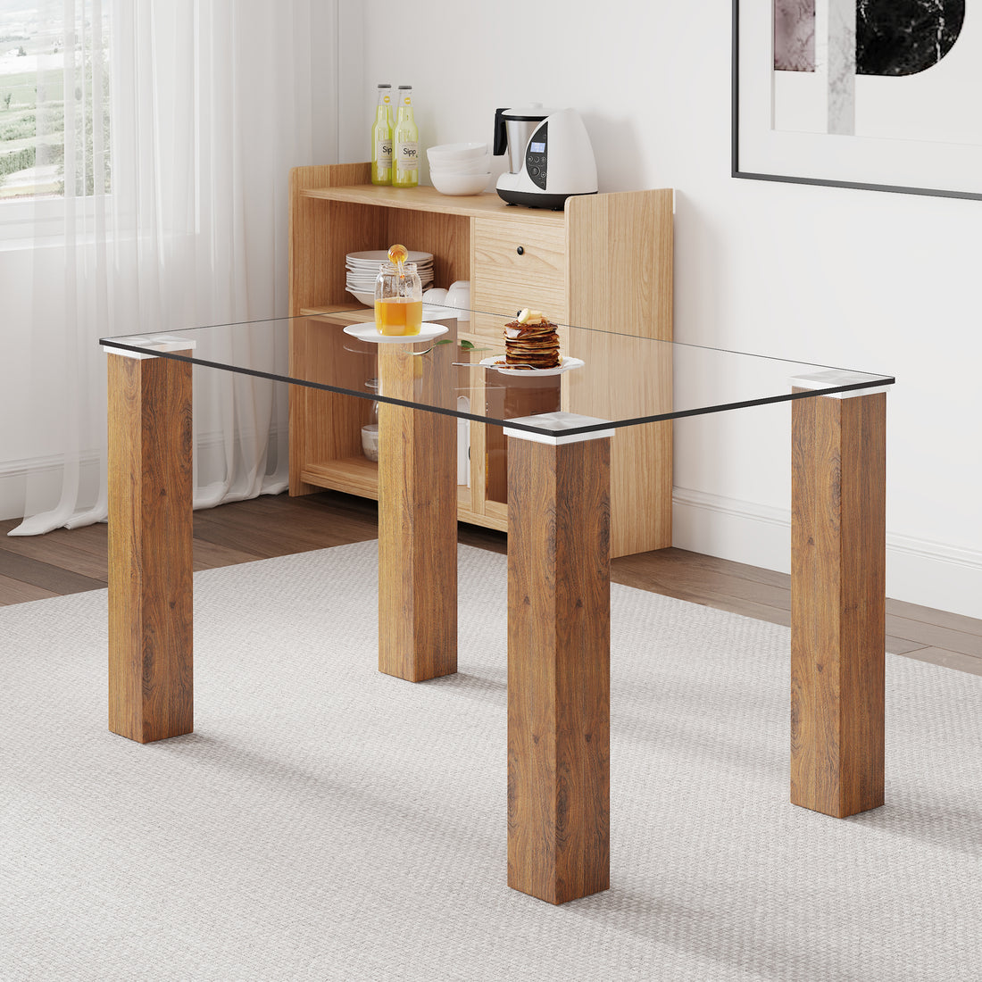 Modern Minimalist Rectangular Dining Table. Glass Desktop And Wooden Mdf Table Legs. Suitable For Restaurants And Living Rooms51"*31.4"*30" Wood Mdf Glass