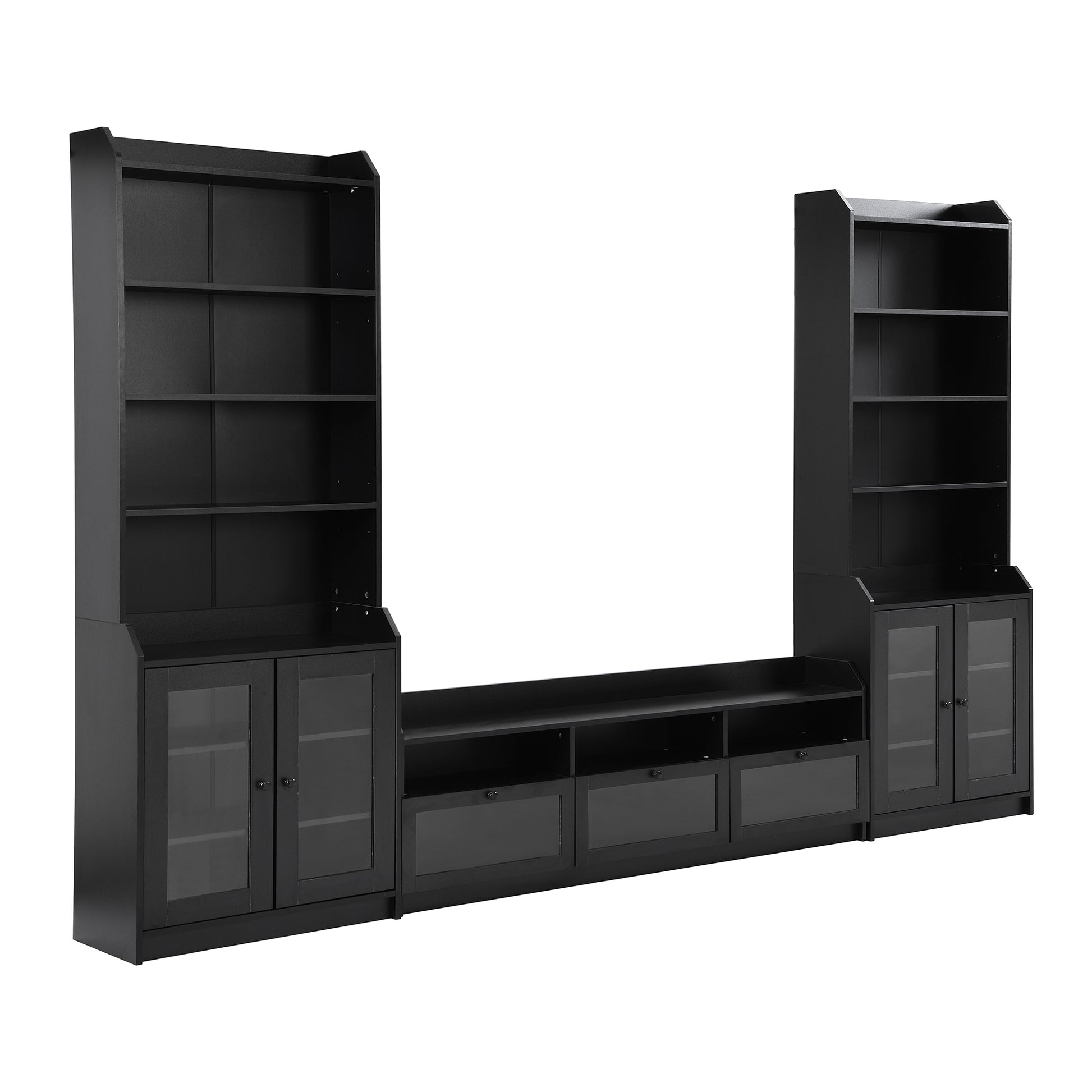 Chic Elegant Entertainment Wall Unit With Tall Cabinets, Modern Tv Console Table For Tvs Up To 65", Multifunctional Tv Stand Set With Acrylic Board Door, Black Black Primary Living Space 60 69 Inches 60 69 Inches 65 Inches Particle Board