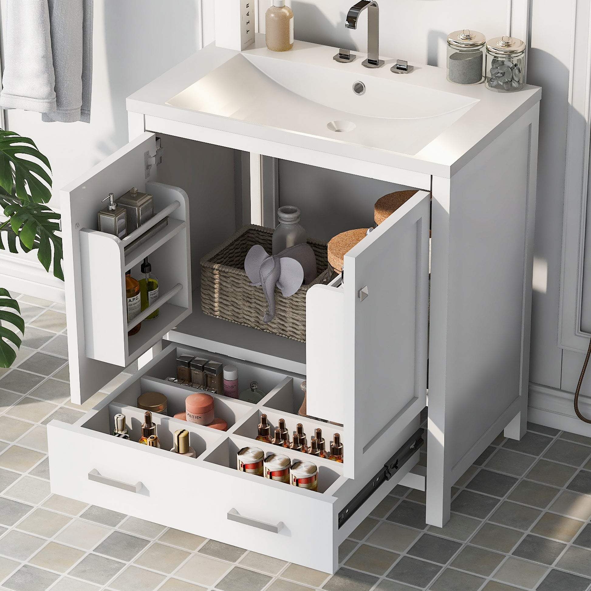 30" White Bathroom Vanity With Single Sink, Combo Cabinet Undermount Sink, Bathroom Storage Cabinet With 2 Doors And A Drawer, Soft Closing, Multifunctional Storage, Solid Wood Frame White Solid Wood Mdf Resin