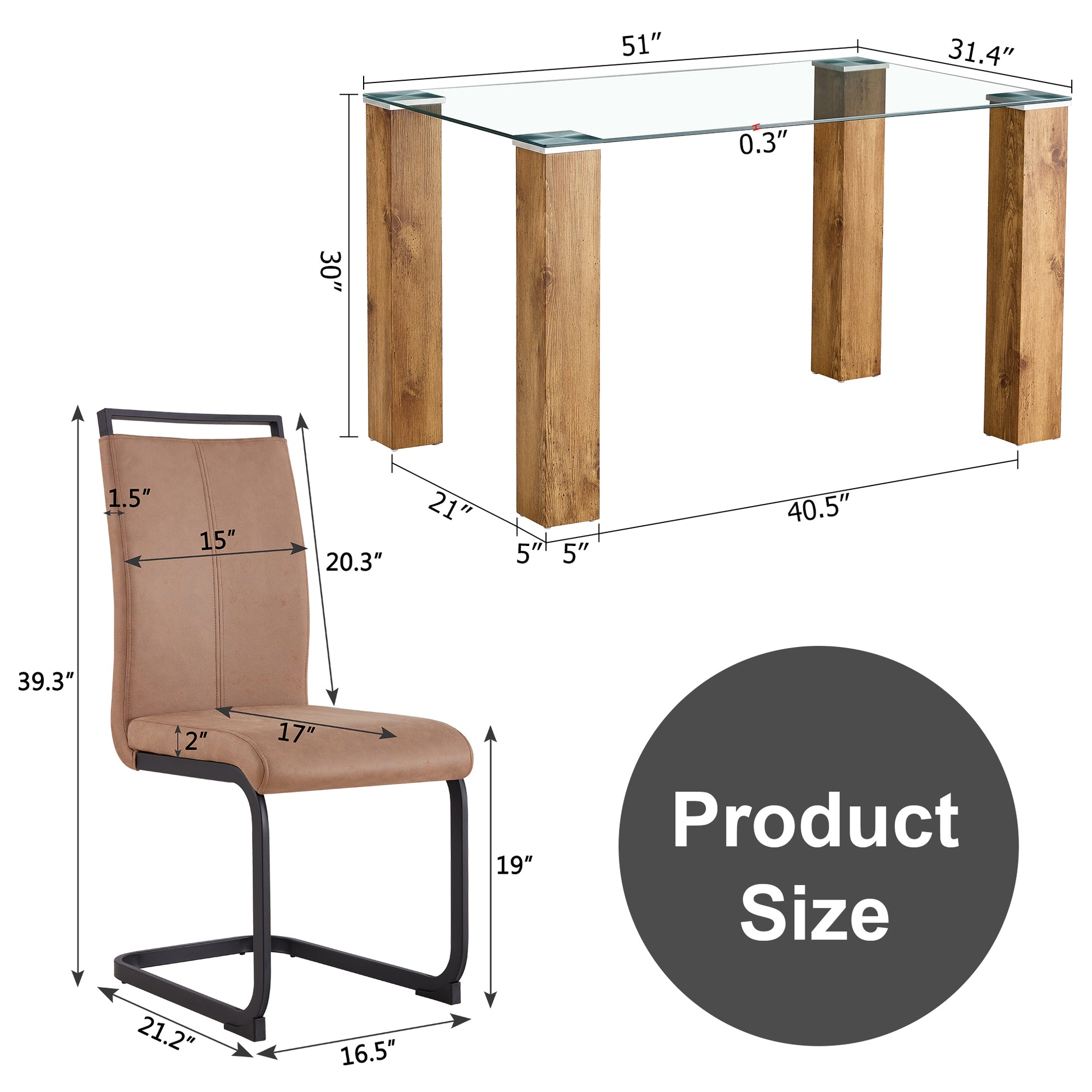 Table And Chair Set, 1 Table And 4 Chairs. A Modern And Minimalist Rectangular Dining Table. Glass Desktop And Wood Colar Mdf Table Legs. Paired With Brown Chairs X05 C 1162 Natural Wood Wash Mdf Glass