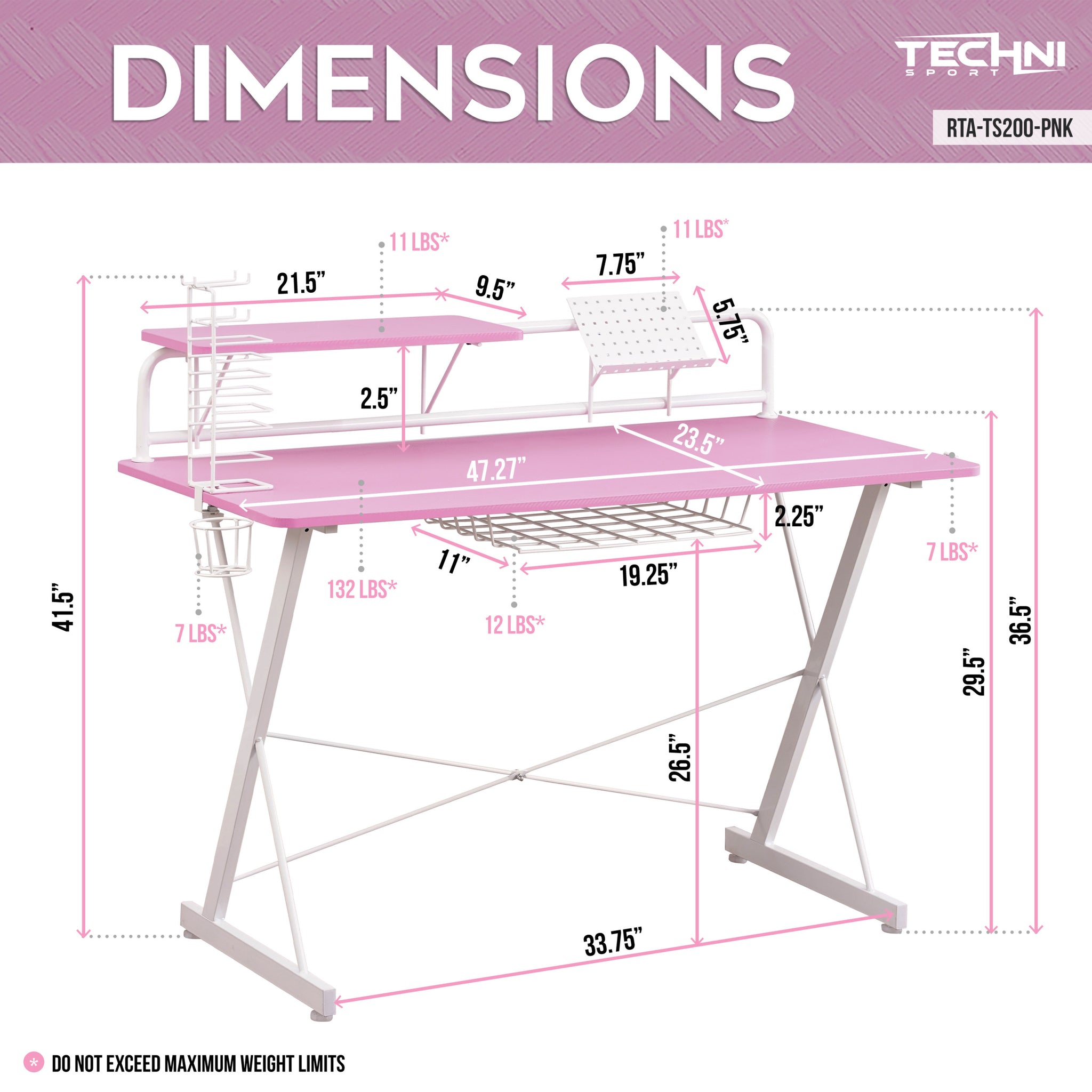 Techni Sport TS 200 Carbon Computer Gaming Desk with pink-cable management-gaming