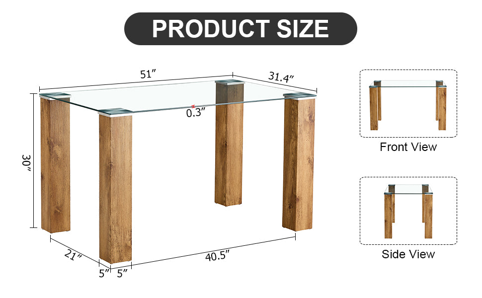 Modern Minimalist Rectangular Dining Table. Glass Desktop And Wooden Mdf Table Legs. Suitable For Restaurants And Living Rooms51"*31.4"*30" Wood Mdf Glass