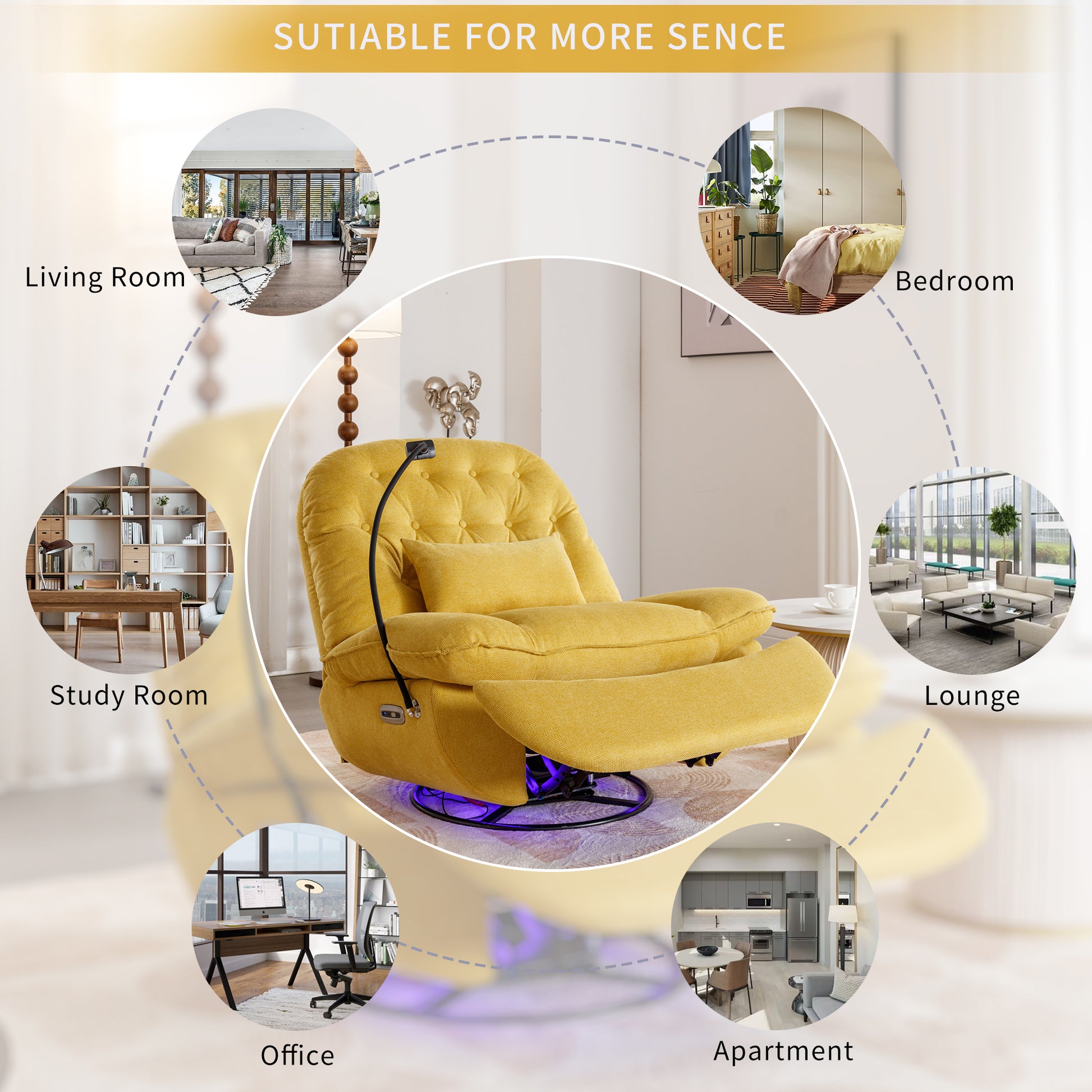 270 Degree Swivel Power Recliner With Voice Control, Bluetooth Music Player,Usb Ports, Atmosphere Lamp, Hidden Arm Storage And Mobile Phone Holder For Living Room, Bedroom, Apartment, Yellow Yellow Foam Linen