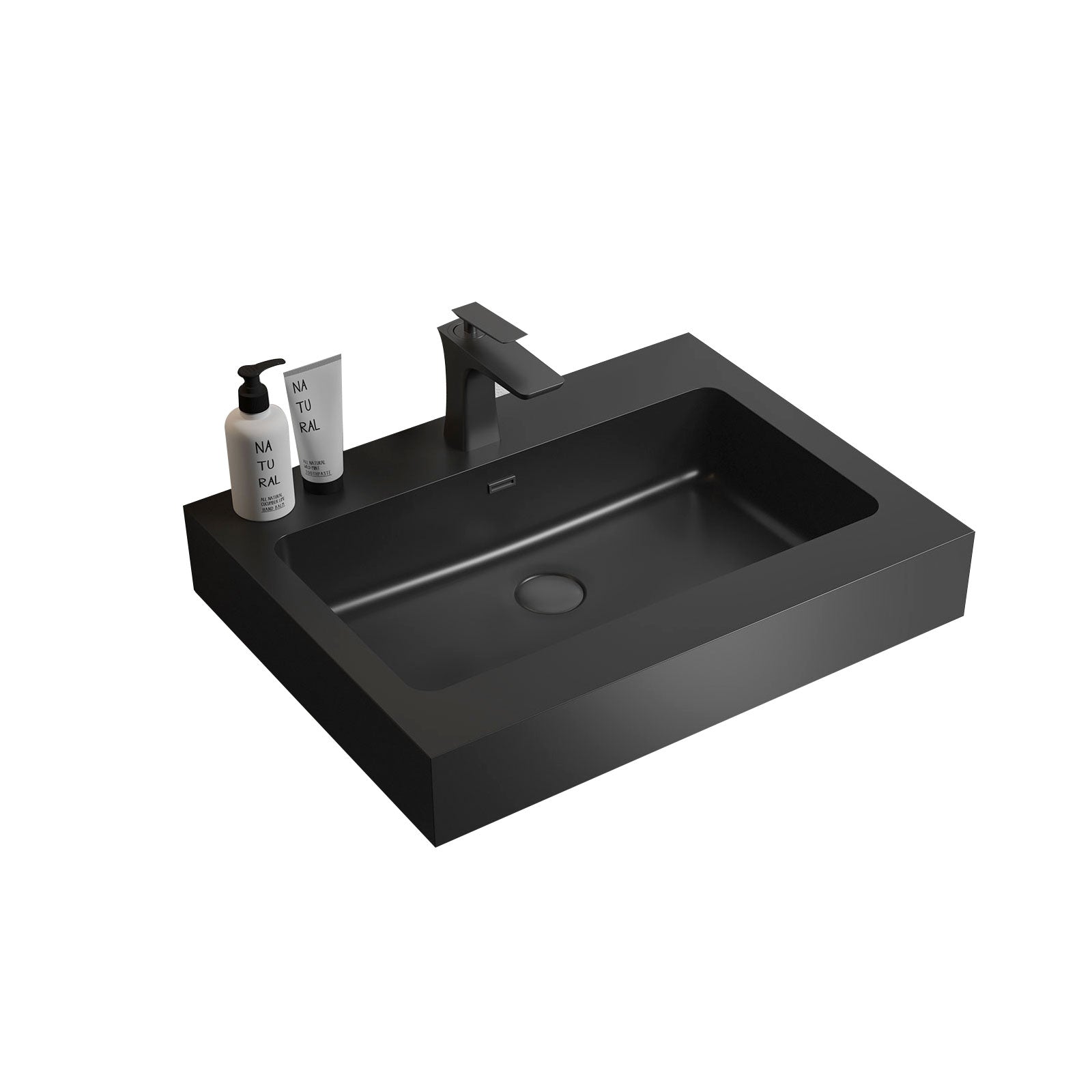 Bb02 24 109, Integrated Engineered Quartz Basin Without Drain And Faucet, Matt Black Color Matt Black Quartz